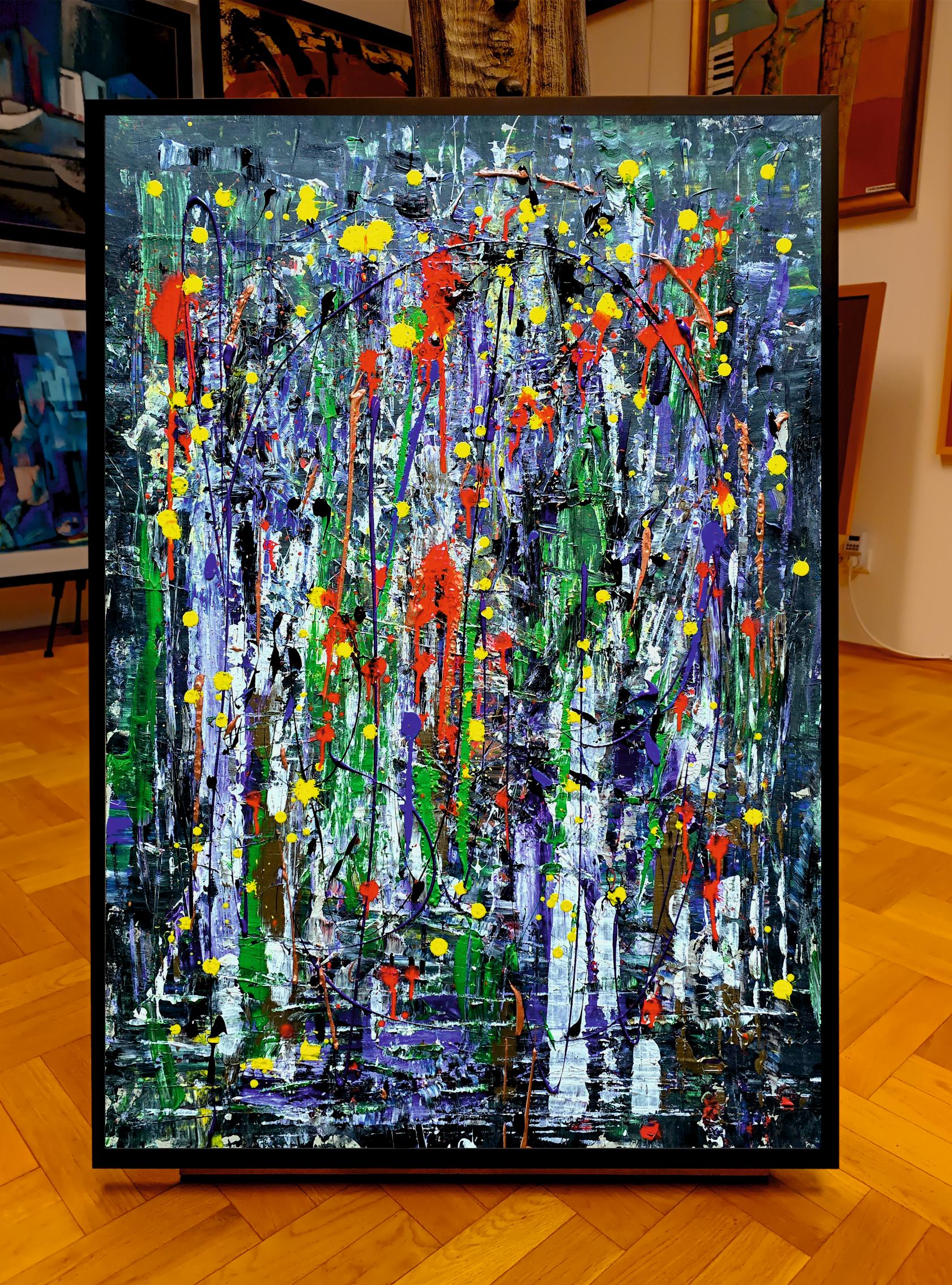 Bunter Regen / Acryl auf Karton / 100 x 70 cm / 2025 – Painting von Tadeusz Zych