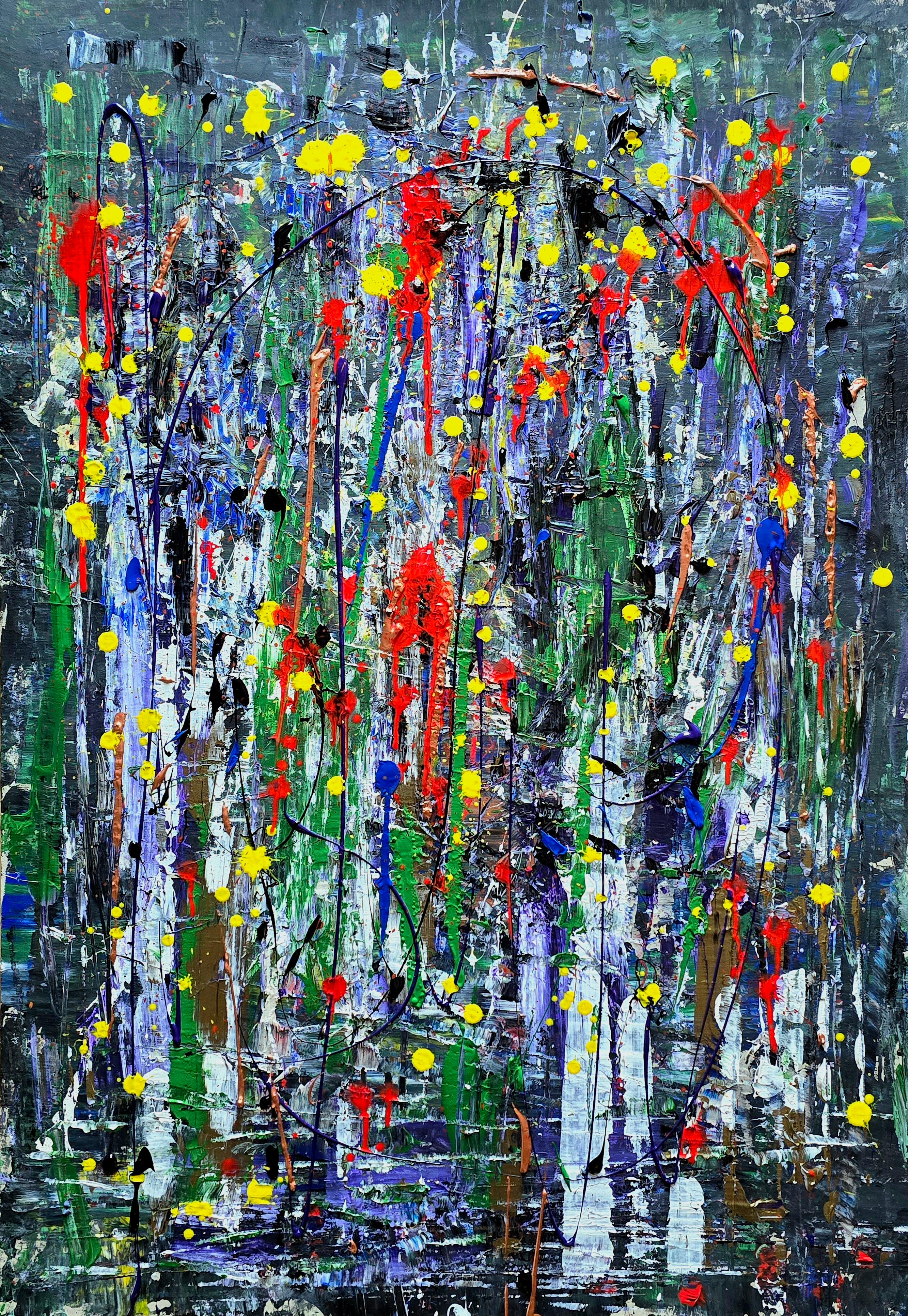 Bunter Regen / Acryl auf Karton / 100 x 70 cm / 2025