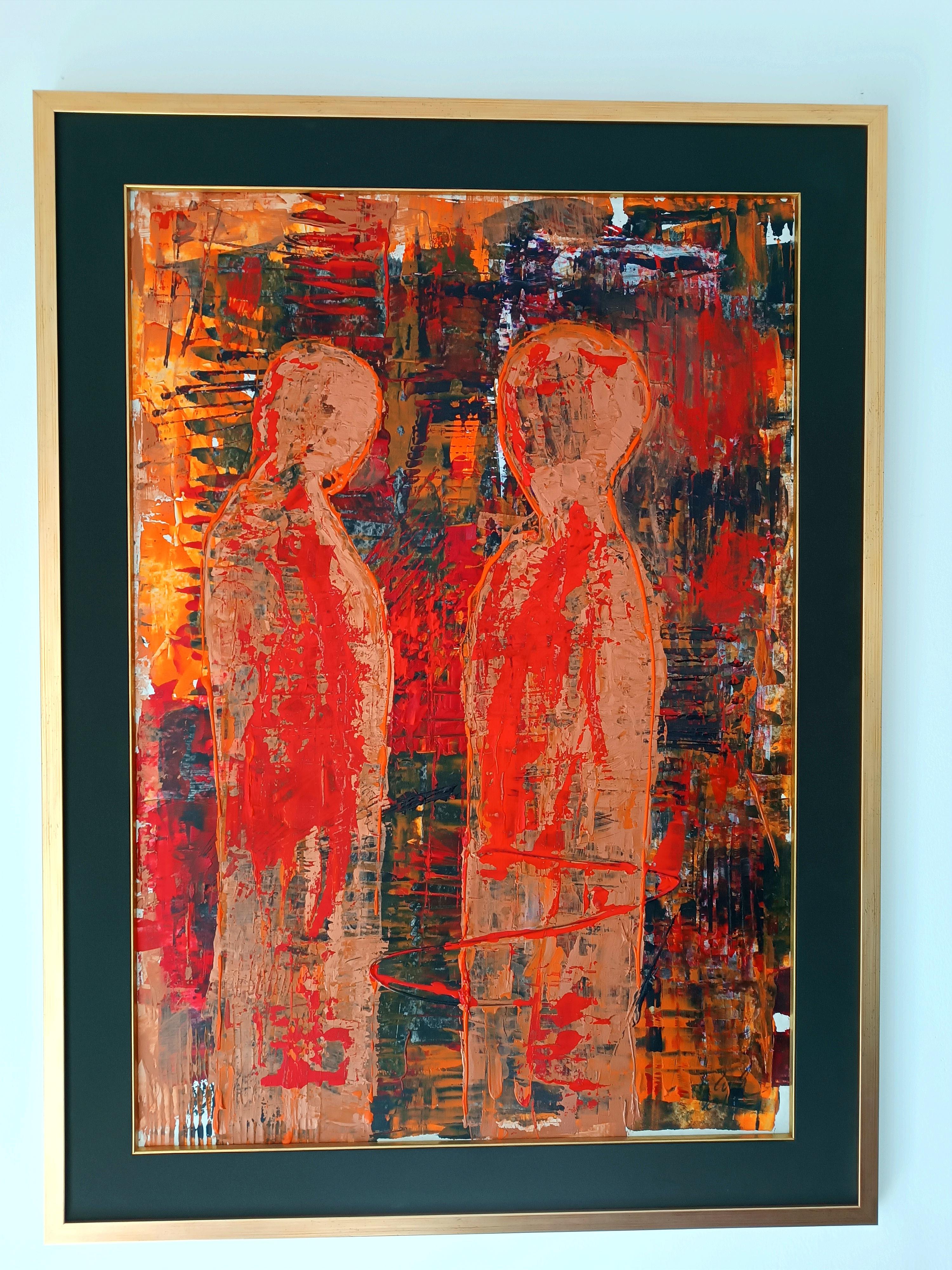 Meeting / Acrylic on cardboard / 100 x 70 cm - Painting by Tadeusz Zych