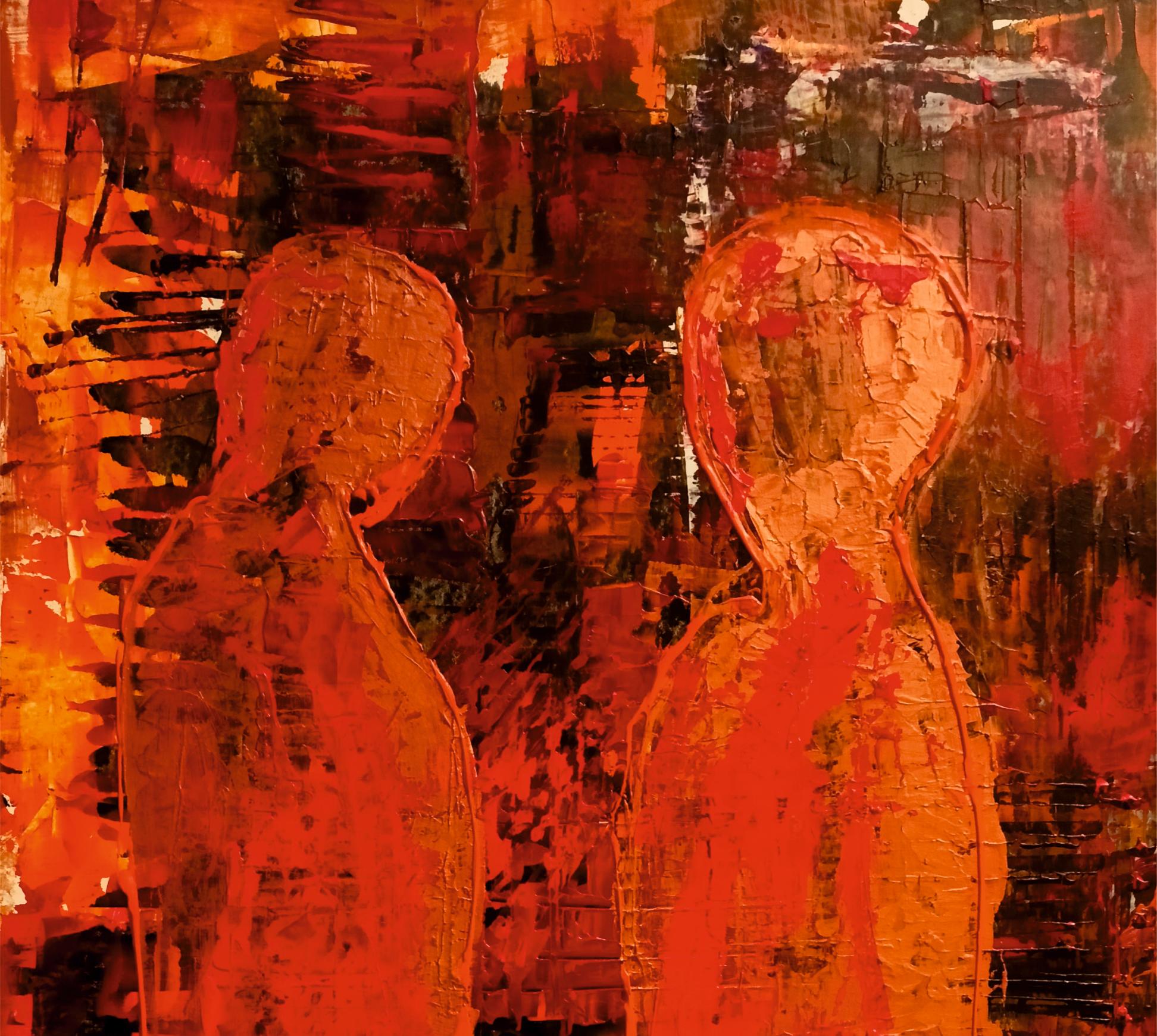 Meeting / Acrylic on cardboard / 100 x 70 cm - Red Abstract Painting by Tadeusz Zych
