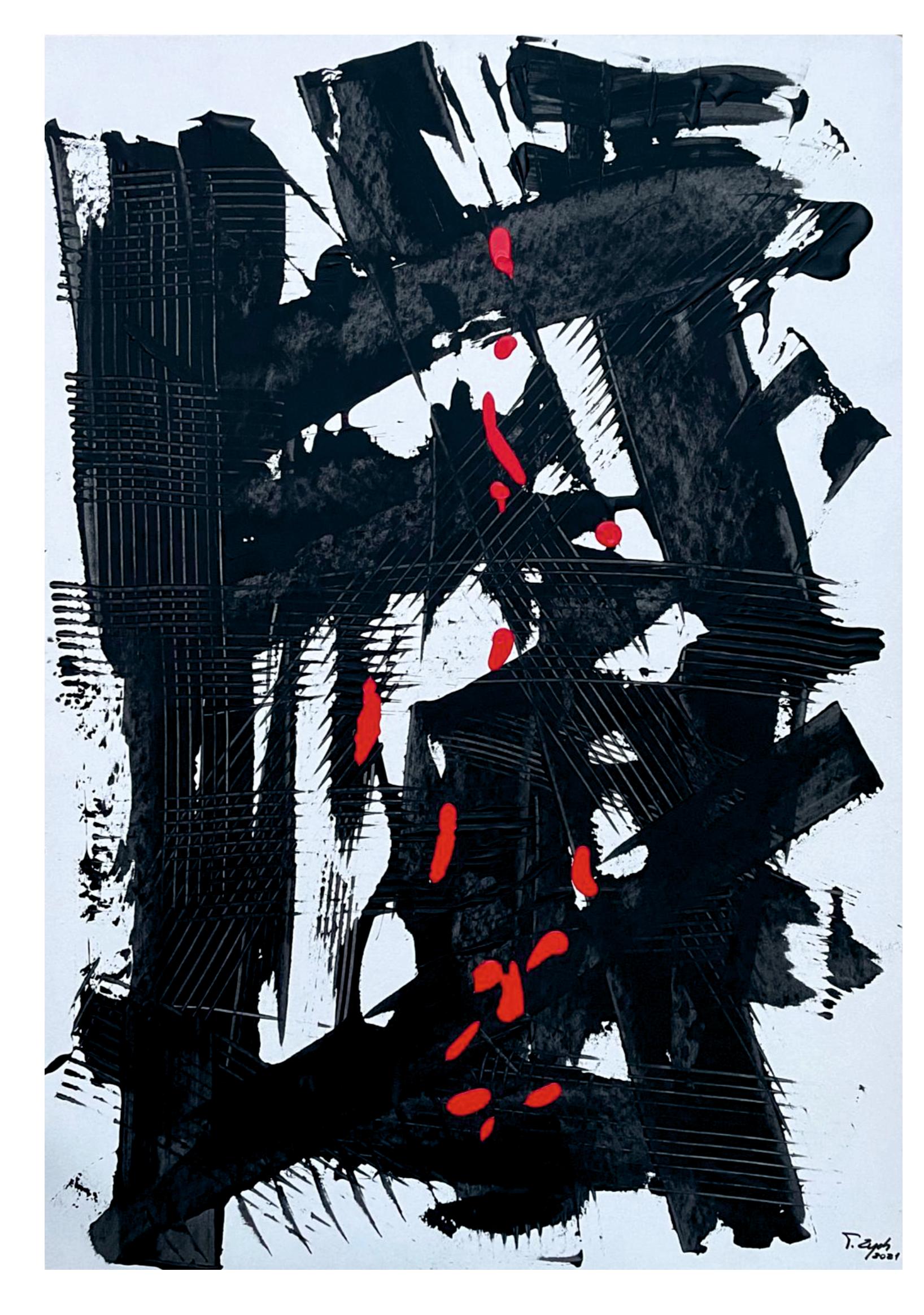 Tadeusz Zych Abstract Painting - "Red and black dreams" / Acrylic on cardboard / 100 x 70 cm
