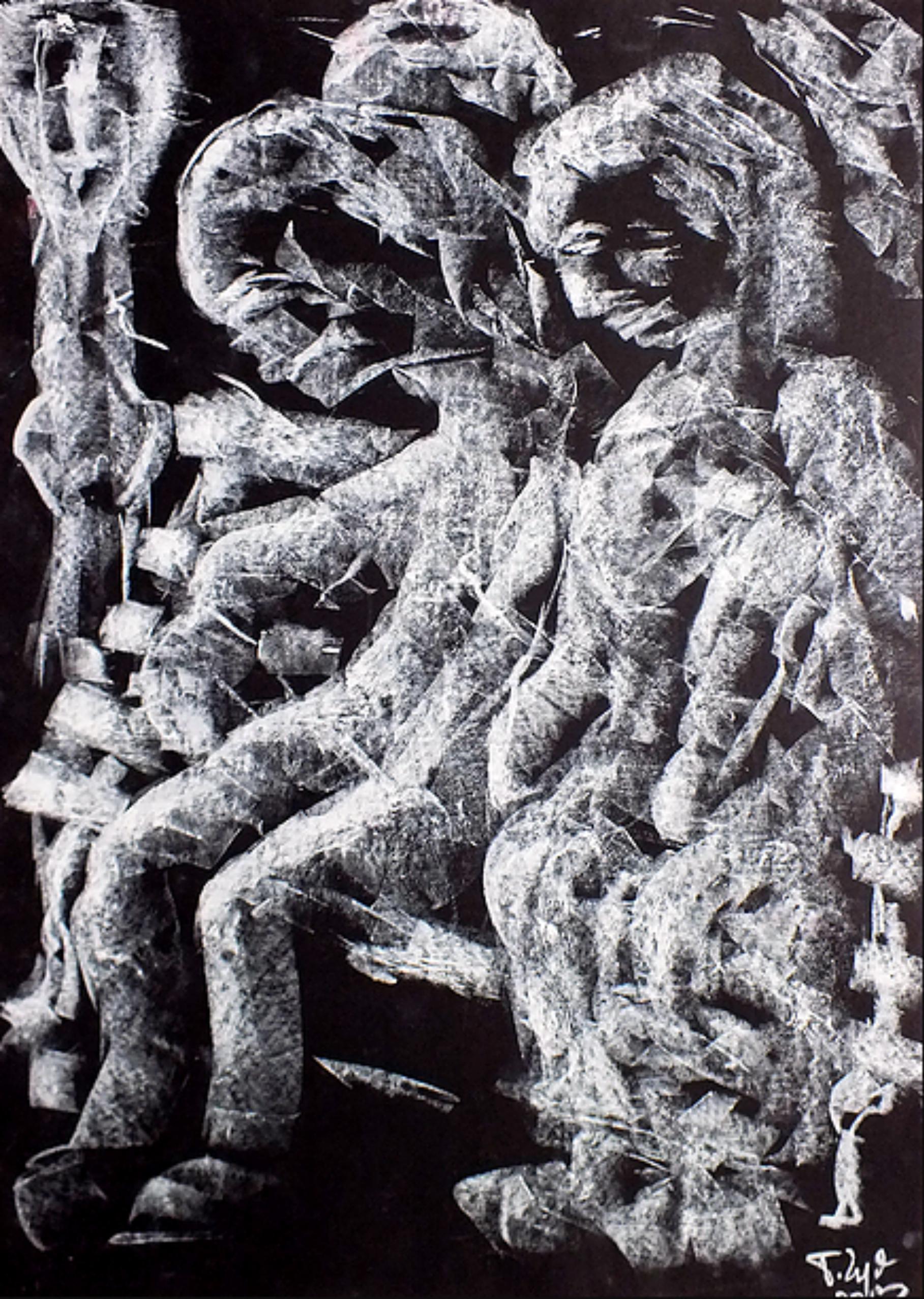 Tadeusz Zych Abstract Painting – Sitzen auf einer Bank / Ölpastell auf Karton / 70 x 50 cm