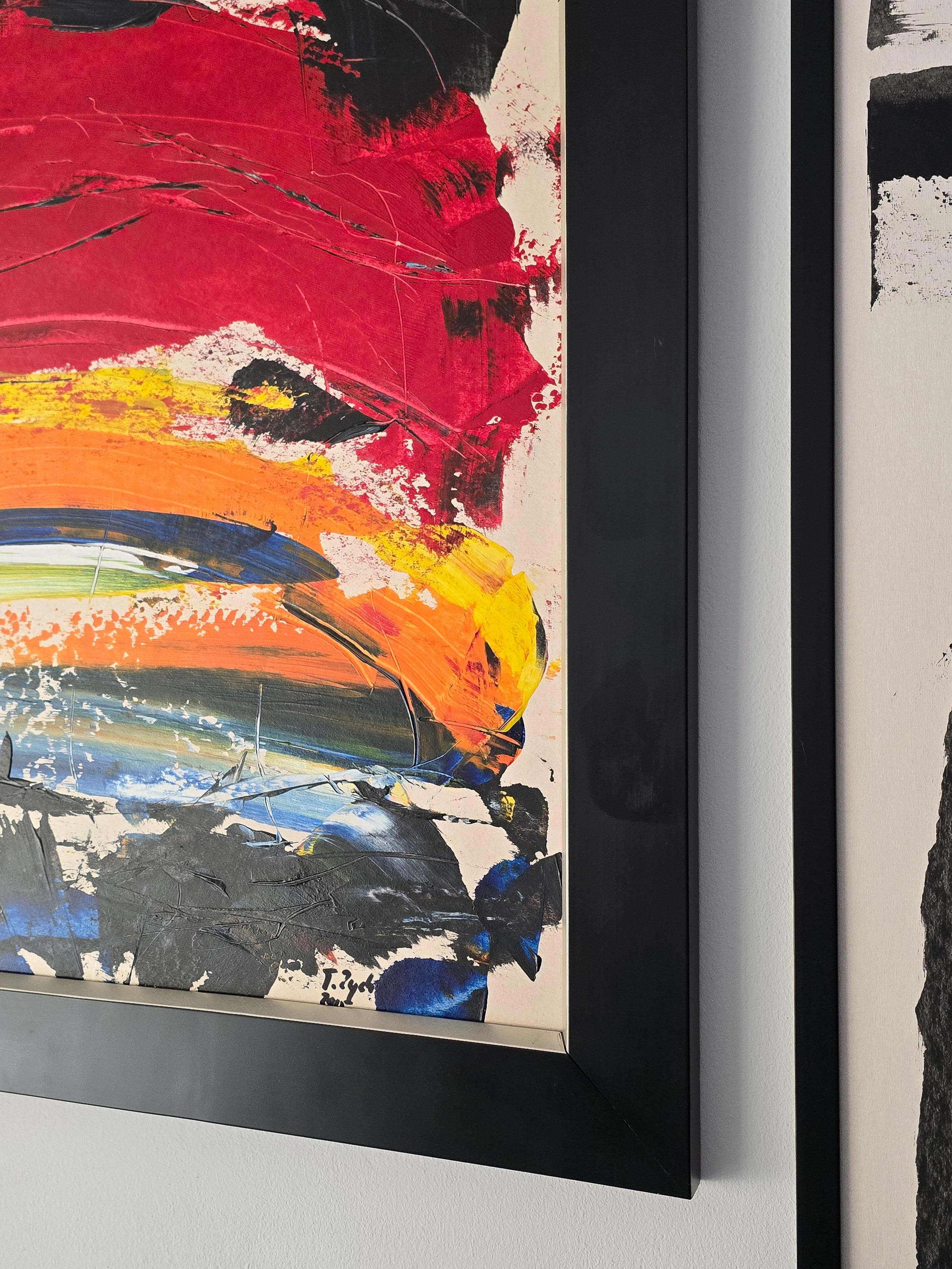 Une image pleine d'énergie et de magie des couleurs. L'abstraction expressive. Le tableau est encadré dans un magnifique cadre, prêt à être accroché. Signé sur le devant.
Le tableau est accompagné d'un certificat d'authenticité signé par