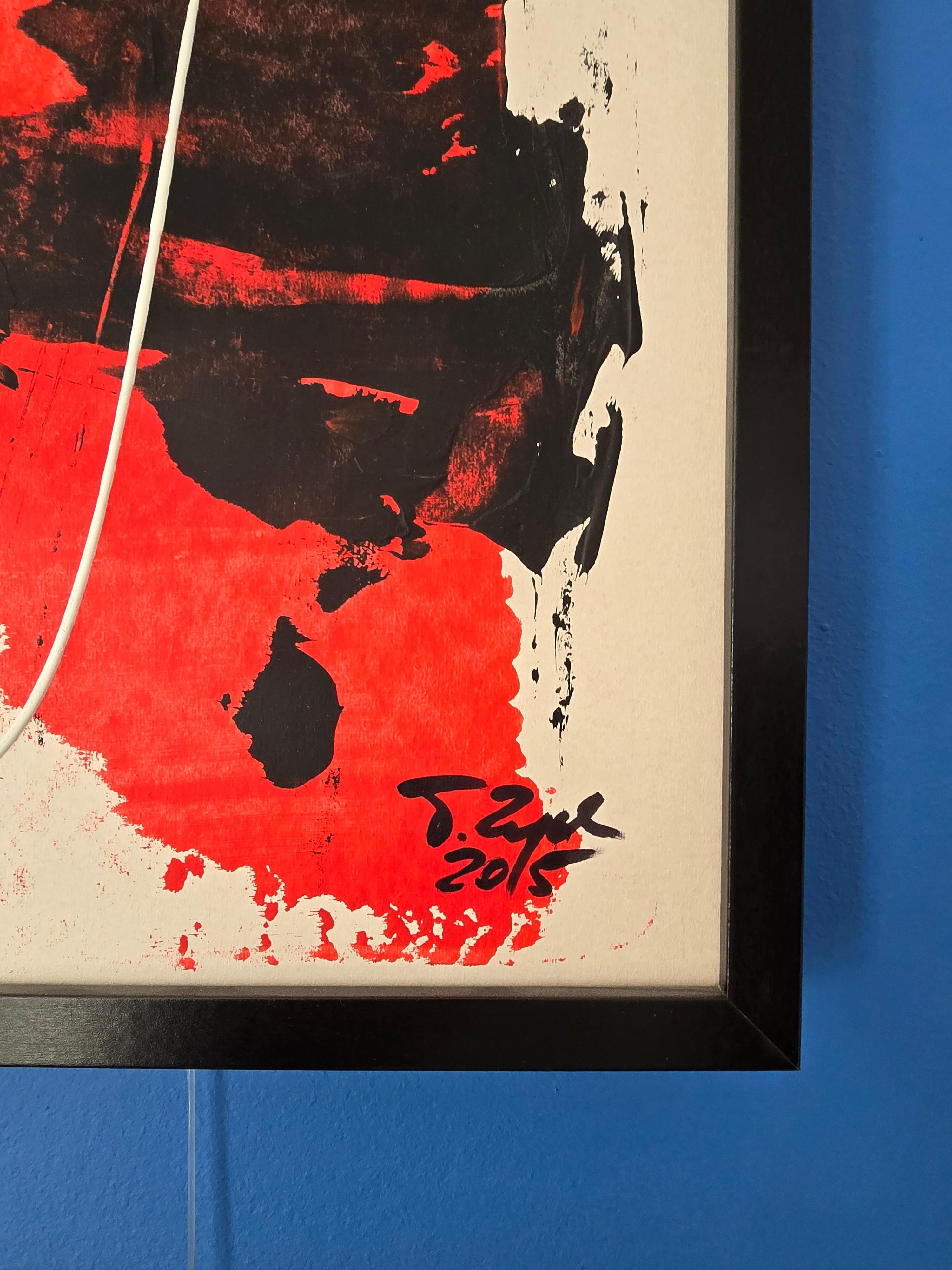 Ausdrucksstarke Abstraktion mit Hintergrundmusik. Ein rot-schwarzes Gemälde mit der Katalognummer A0031, eines von zwei Gemälden einer kurzen Serie. Das zweite blau-schwarze Exemplar mit der Katalognummer A0087 wird auf der Plattform 1stdibs