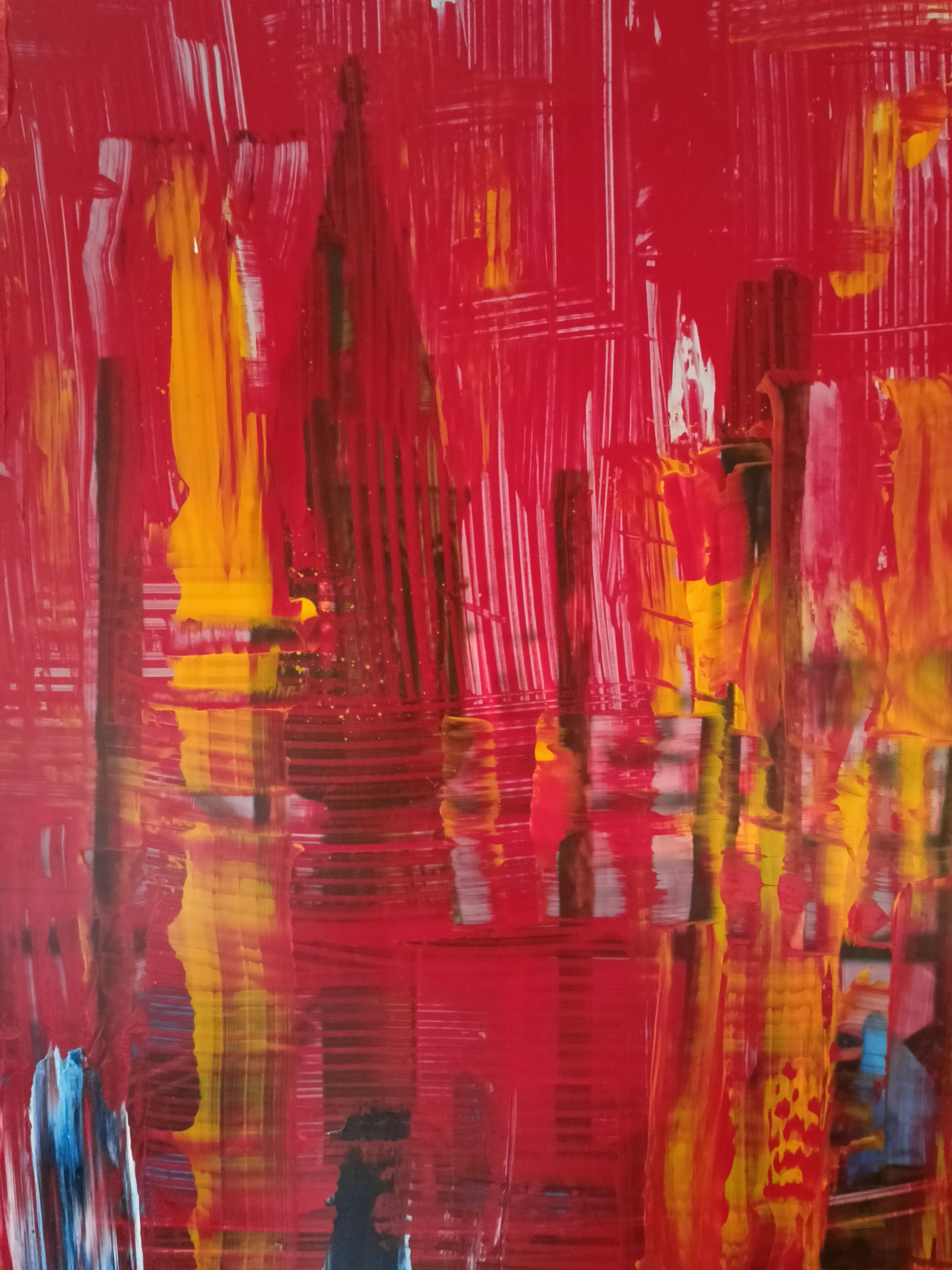 Venice / Acrylic on board, own technique / 95 x 135 cm - Red Abstract Painting by Tadeusz Zych