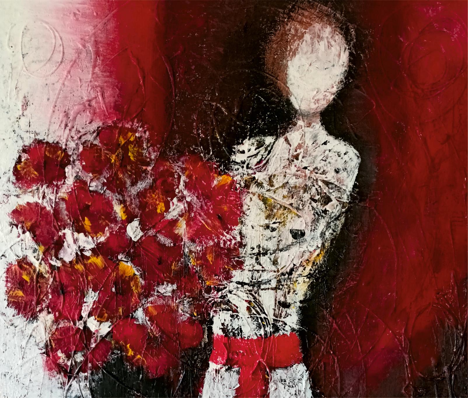 Woman with red flowers / Acrylic on board / 103 x 73 cm - Painting by Tadeusz Zych