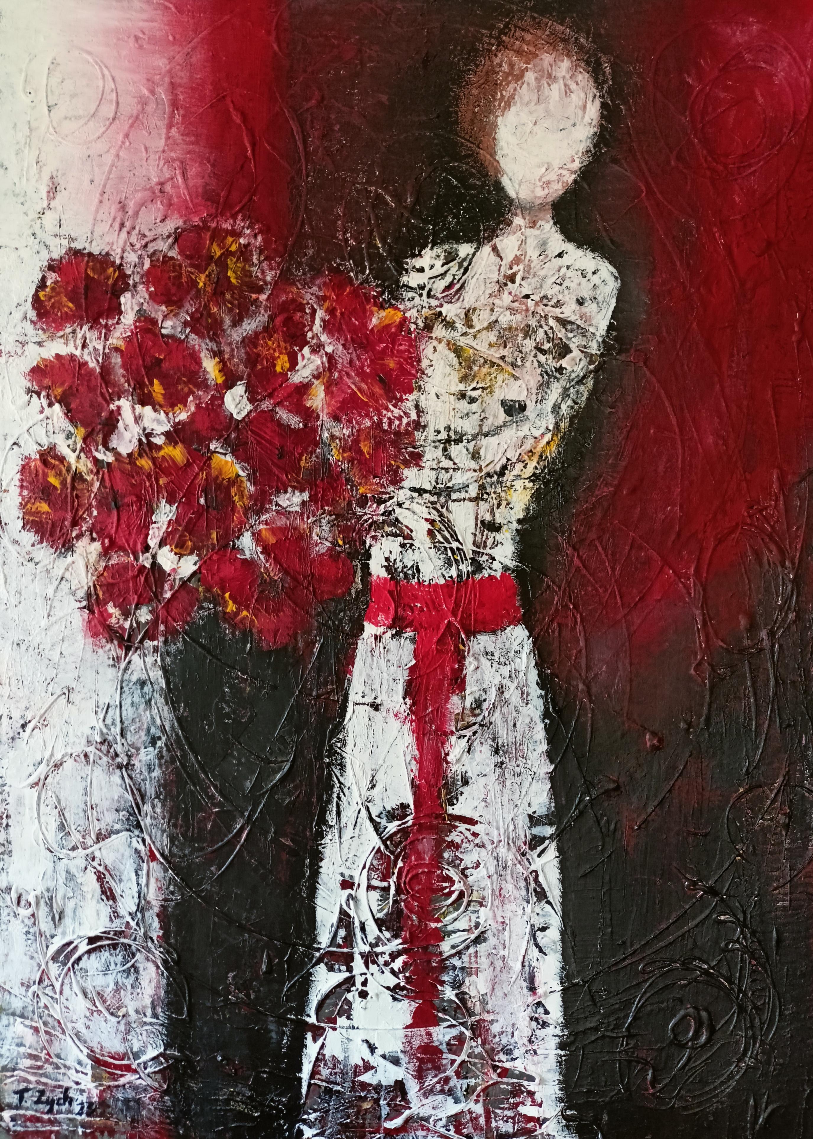 Tadeusz Zych Abstract Painting - Woman with red flowers / Acrylic on board / 103 x 73 cm