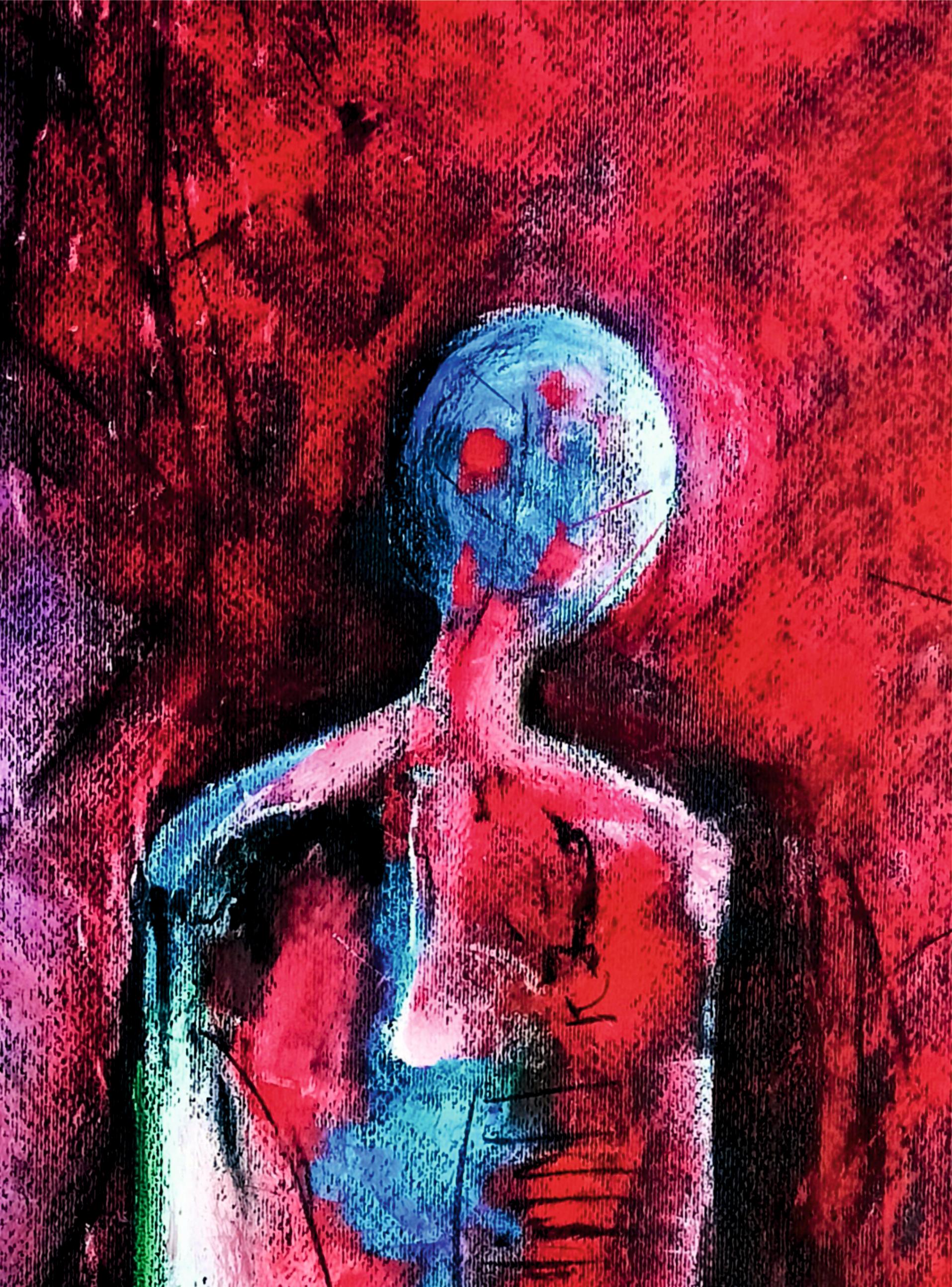 Due mondi. Dalla serie Zychan / Pastello a olio su cartone / 100 x 70 cm - Abstract Painting Viola di Tadeusz Zych