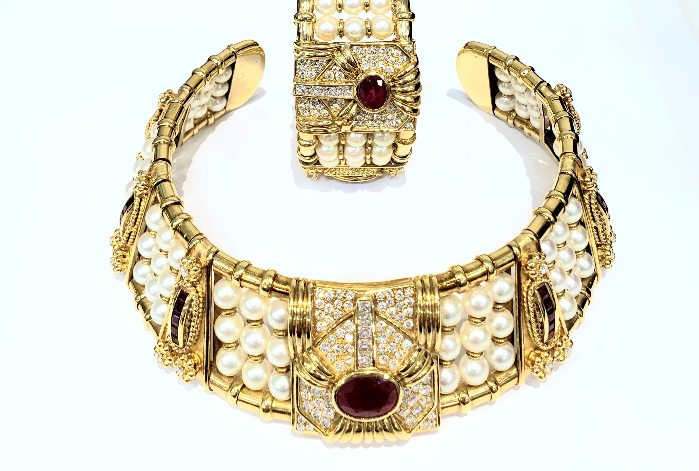 Women's or Men's Tadini 18K Yellow Gold, Pearl and Ruby Choker Collar Necklace and Bracelet Set For Sale