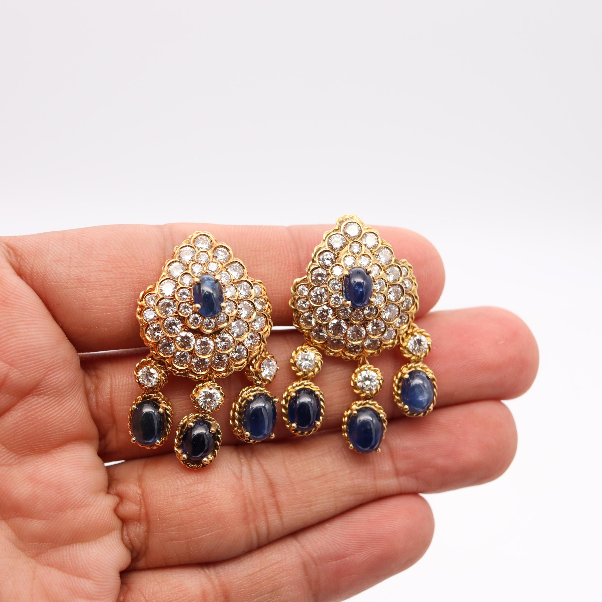Cabochon Tadini Gia Certified Dangle Earrings in 18kt Gold 23.84 Ctw Sapphire & Diamonds