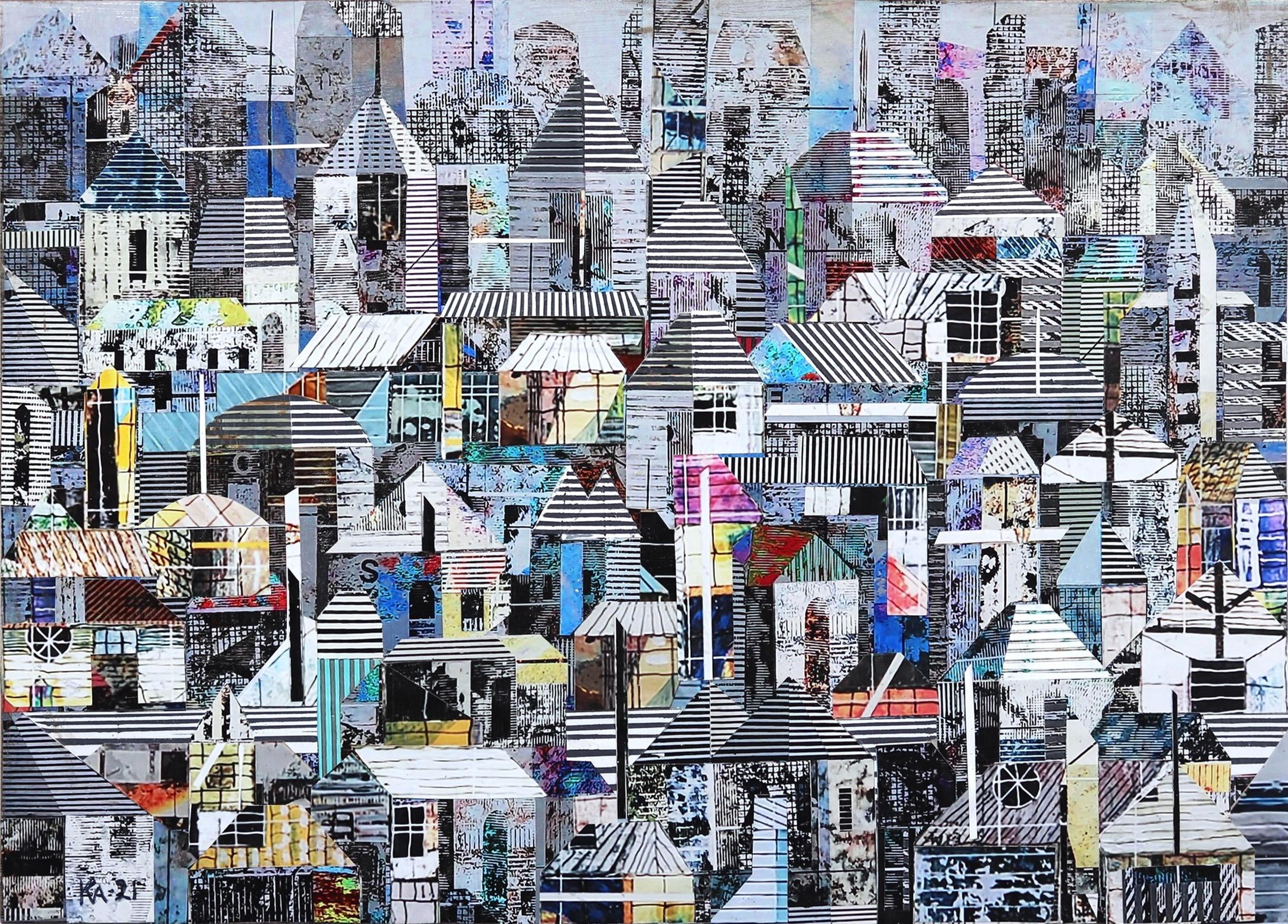 Tae Ho Kang Abstract Painting - Original Modern City Art Post-Impressionist Collage Painting - Sublime 2153
