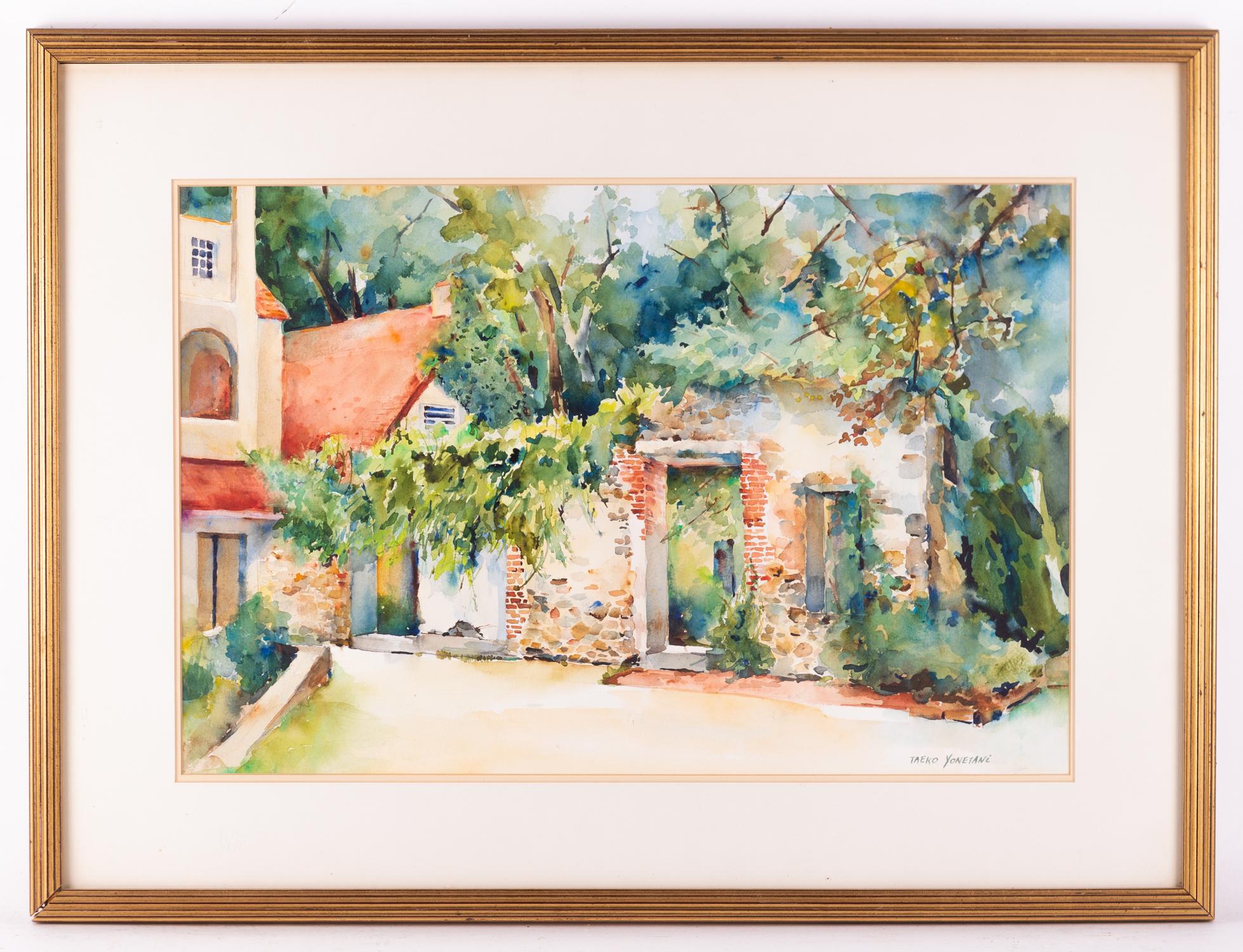 Title: House Landscape
 Medium: Watercolor on paper
 Style: Impressionist
 Size: 14"" x 21 1/2""
 Frame Size: 21"" x 28 1/2""
 Age: 1970s
 
 Signature: Taeko Yonetani
 
 Provenance: Collection from Estate in New Jersey
