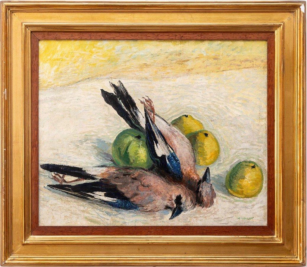 Still life with birds and limes, original antique oil on canvas, Impressionist