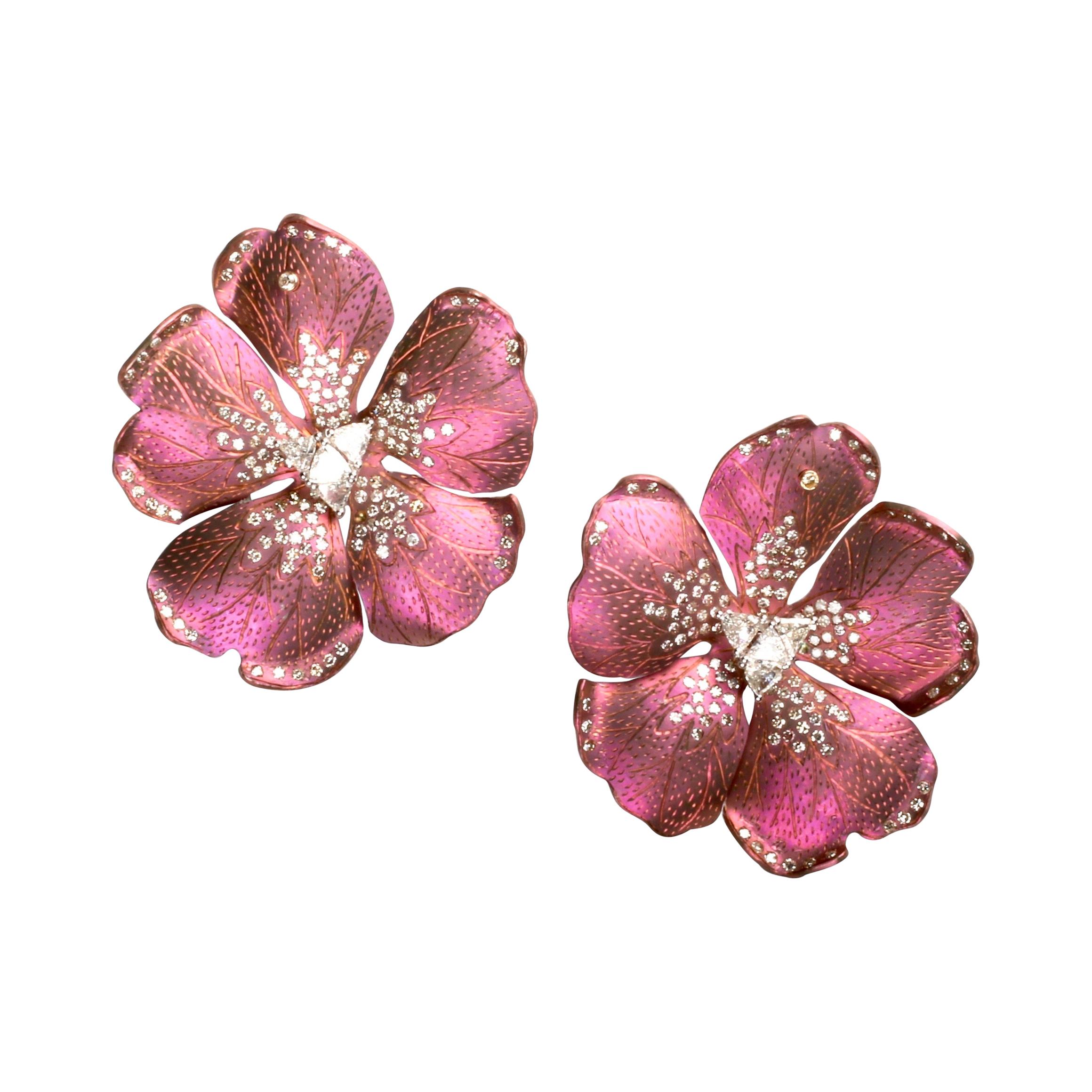 Taffy Pink Titanium Geranium Earrings with Trillion and Round Diamonds For Sale