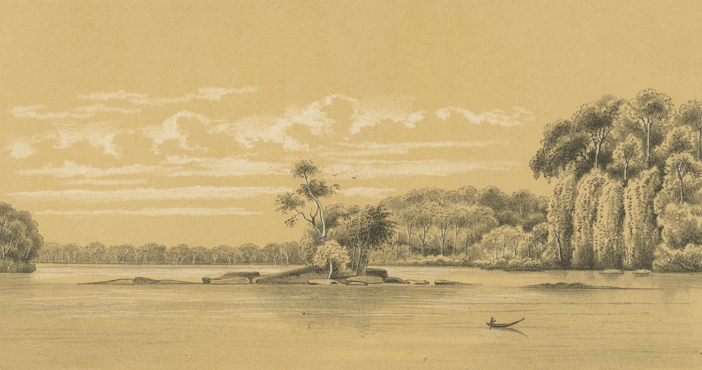 Néerlandais Tafra Island in Suriname - A Romantic River Landscape by Karl Martin, 1888 en vente