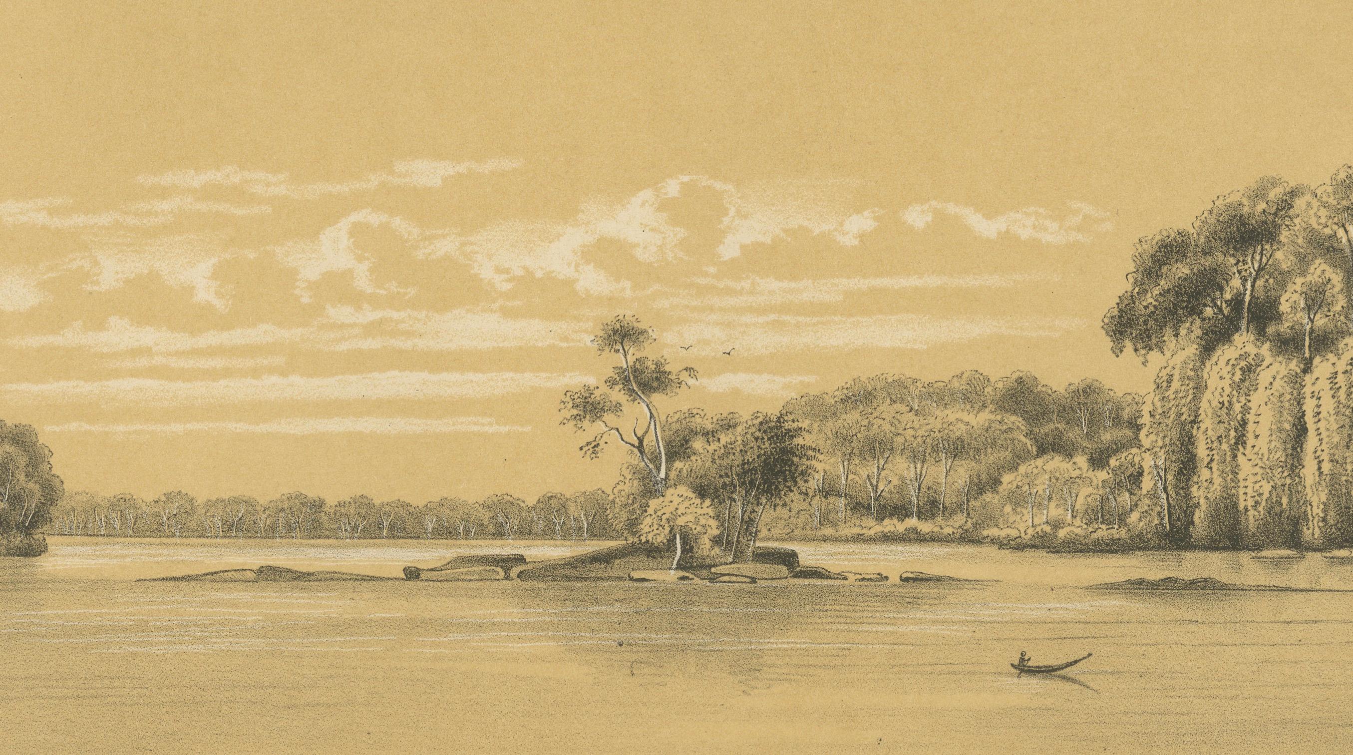 Tafra Island in Suriname - A Romantic River Landscape by Karl Martin, 1888 Bon état - En vente à Langweer, NL