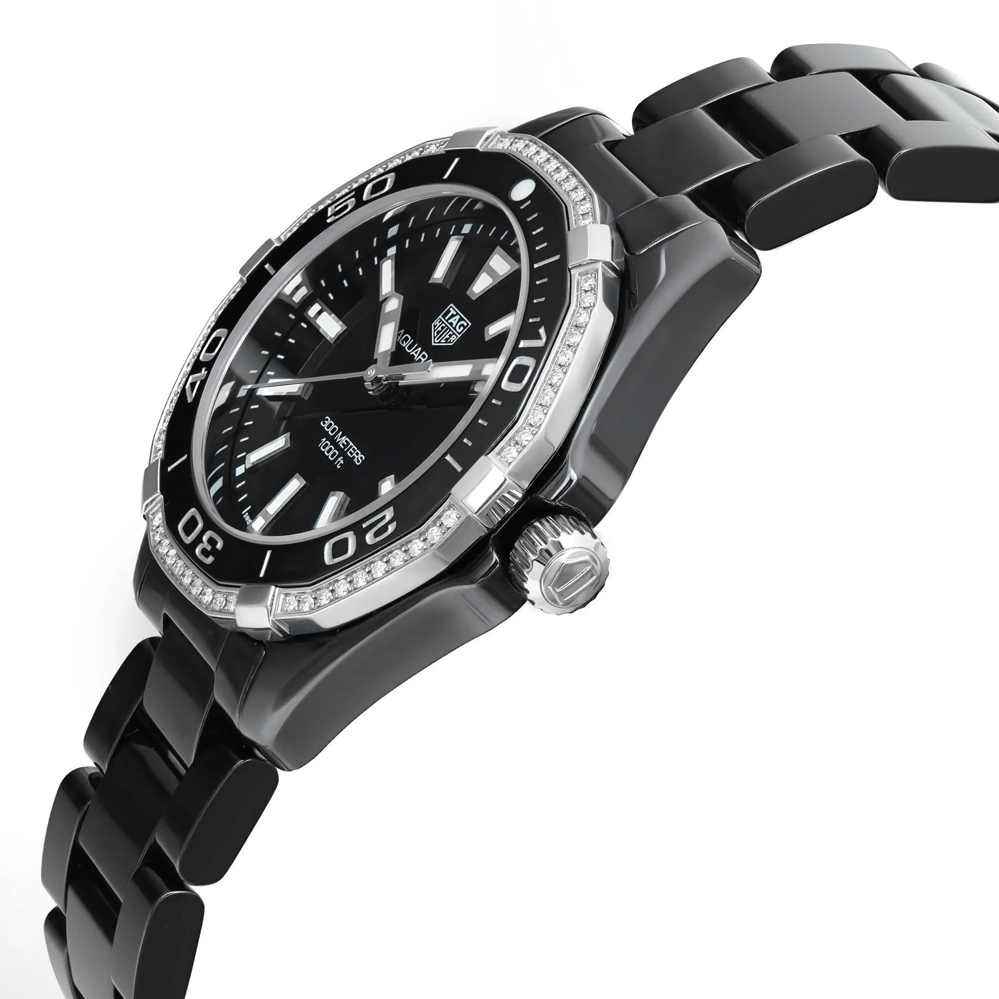 Tag Heuer Aquaracer 35mm Ceramic Diamond Black Dial Ladies Watch WAY1395.BH0716 In Excellent Condition In New York, NY