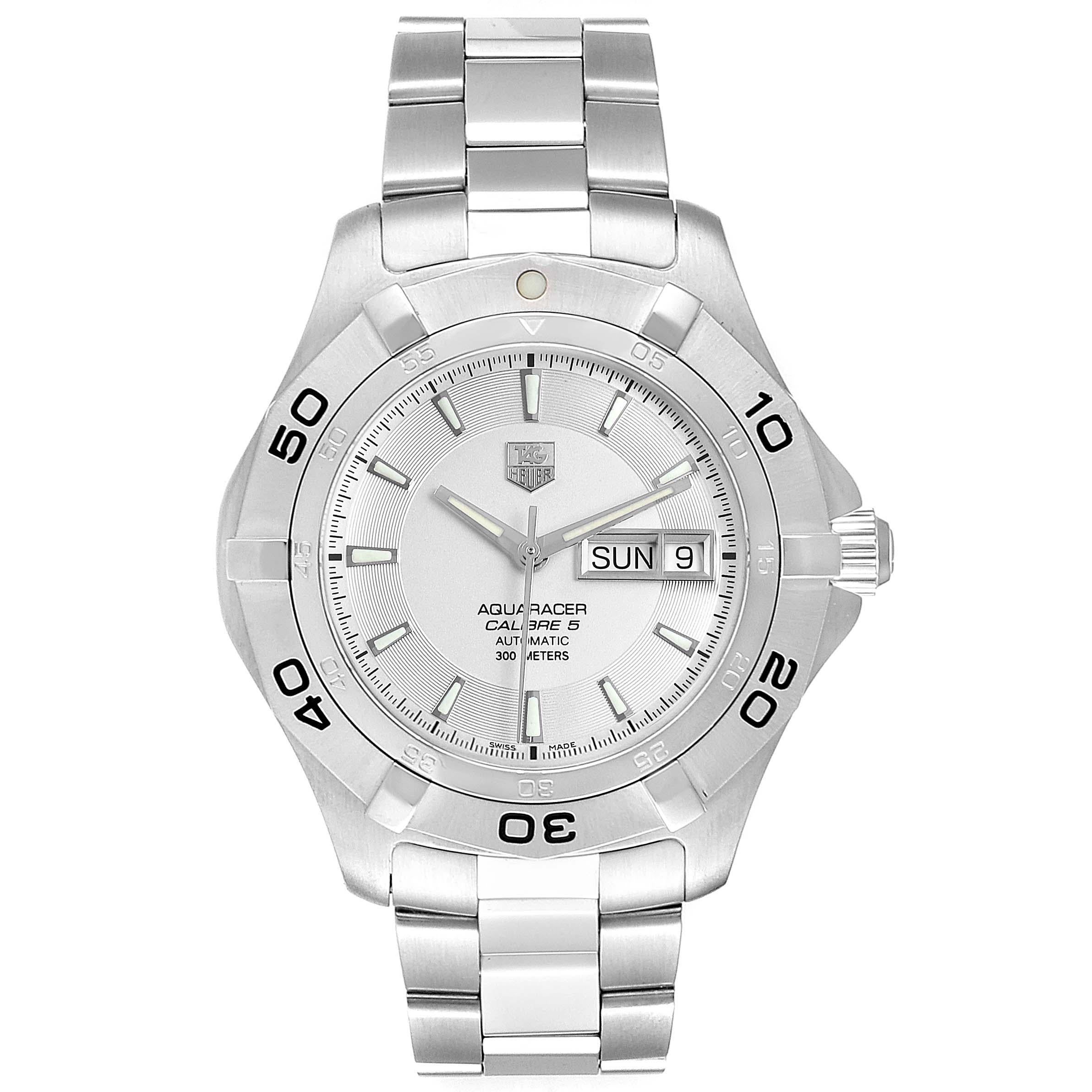 Tag Heuer Aquaracer 41mm Silver Dial Steel Mens Watch WAF2011 Box Card. Automatic self-winding movement. Stainless steel case 41.0 mm in diameter. Steel unidirectional rotating bezel. Scratch resistant sapphire crystal. Silver dial with luminous