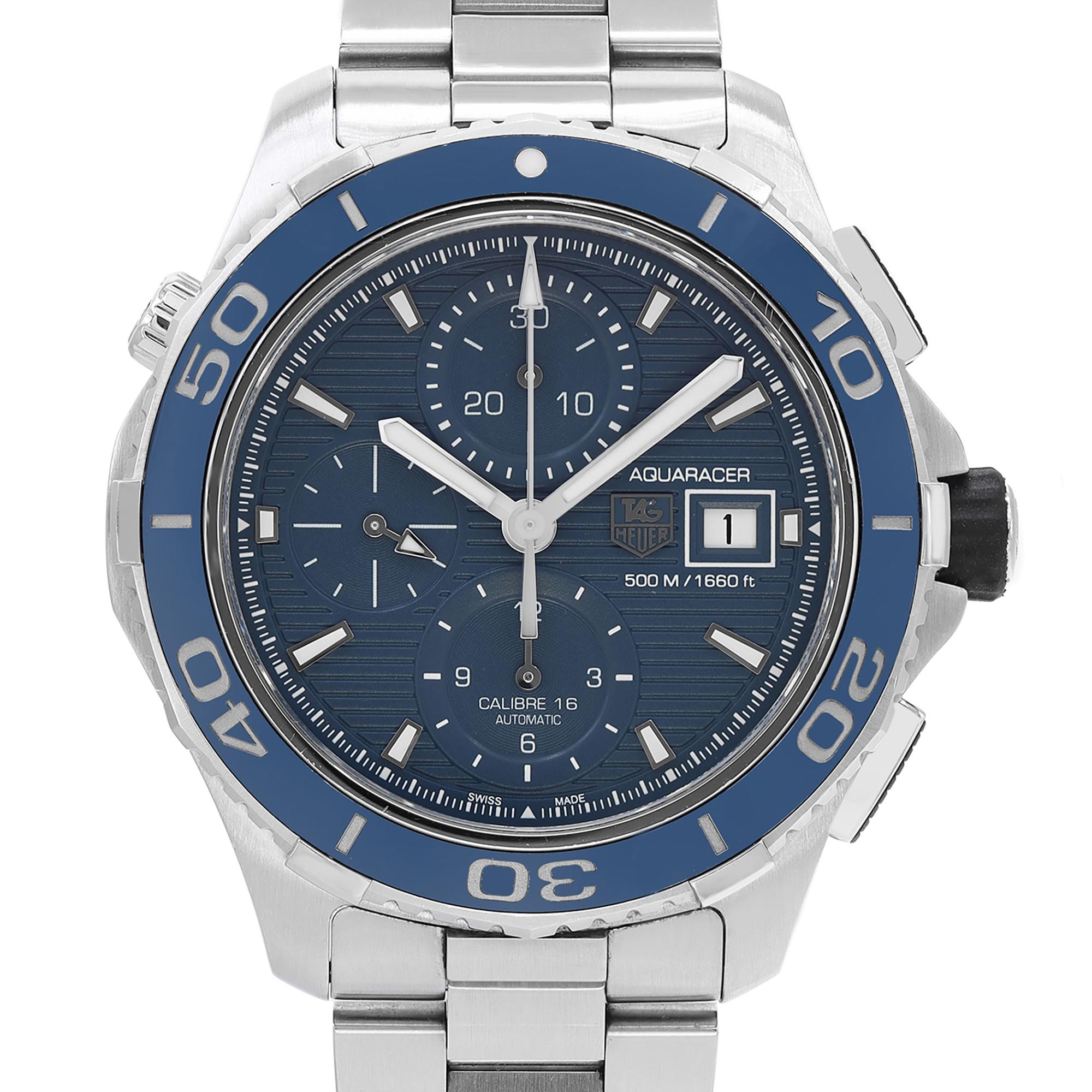 Pre-owned Tag Heuer Aquaracer Men's Watch CAK2112.BA0833. Little Scratch on the Bezel Insert. This Timepiece is Powered by an Automatic Movement And Features: Stainless Steel Case and bracelets. Unidirectional Rotating Blue Bezel, Blue Dial with