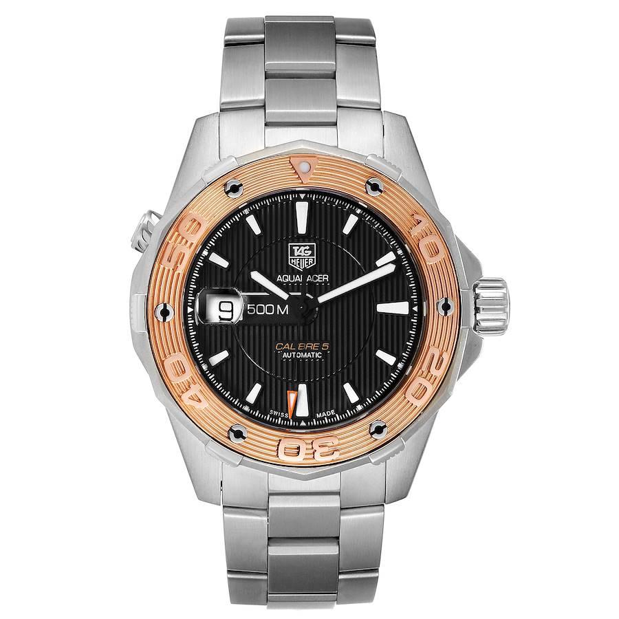 Tag Heuer Aquaracer 43mm Steel Rose Gold Black Dial Mens Watch WAJ2150. Automatic self-winding movement. Brushed stainless steel case 43.0 mm in diameter. Automatic helium valve at 10 o?clock. 18K rose gold unidirectional rotating bezel. Scratch