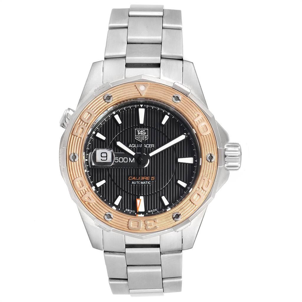 Tag Heuer Aquaracer 43mm Steel Rose Gold Mens Watch WAJ2150. Automatic self-winding movement. Brushed stainless steel case 43.0 mm in diameter. Automatic helium valve at 10 oâ€™clock. 18K rose gold unidirectional rotating bezel. Scratch resistant