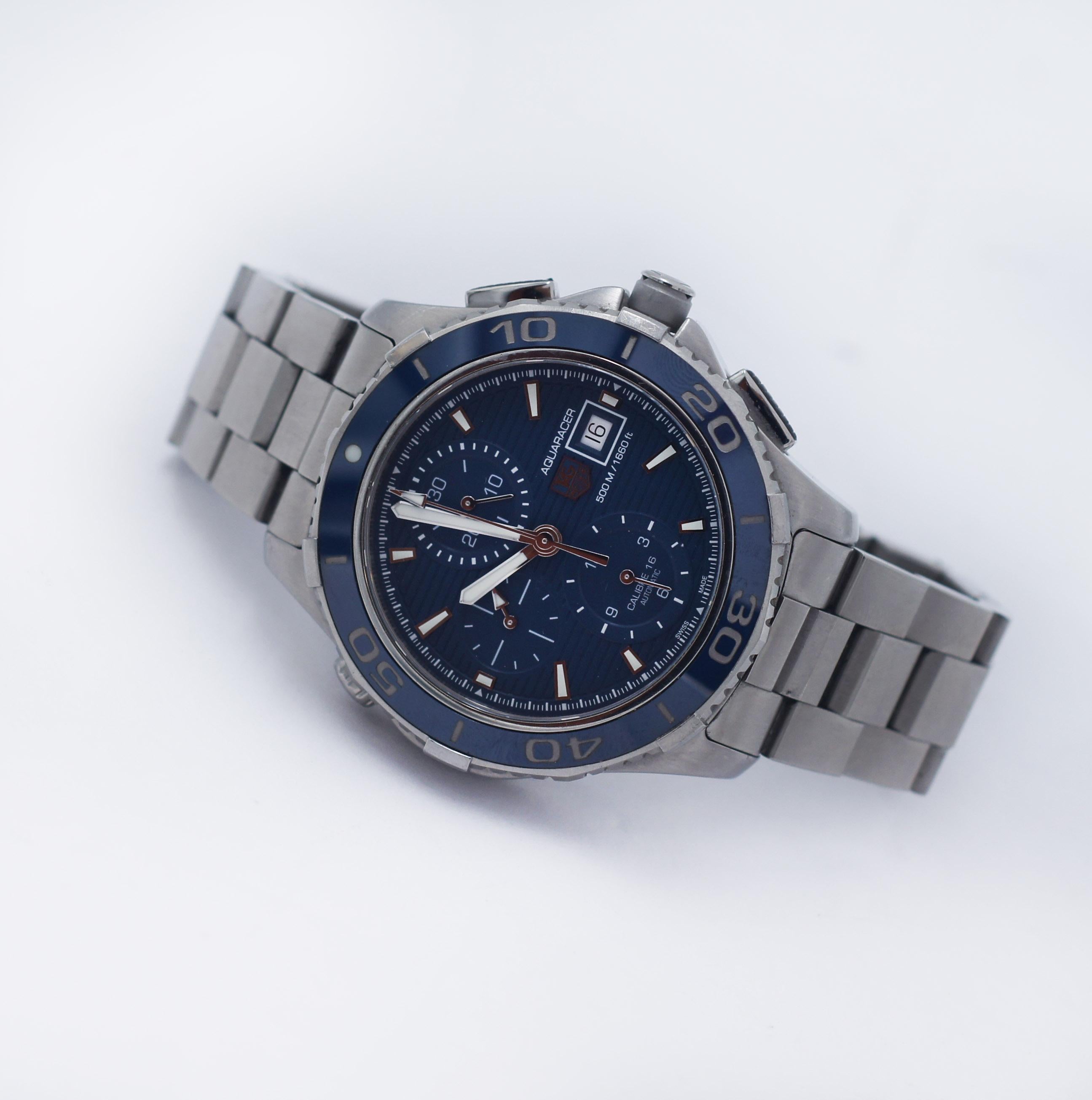 TAG HEUER
CAK2112
SPECIFICATIONS
Movement - Automatic
Features - Chronograph with 3 sub-dials
DATE window at the 3 o'clock mark 
Dial Color - Blue with luminescent Hands & Hour Markers
Caliber - Calibre 16
Power Reserve - 42 hours
Approx. Case Size
