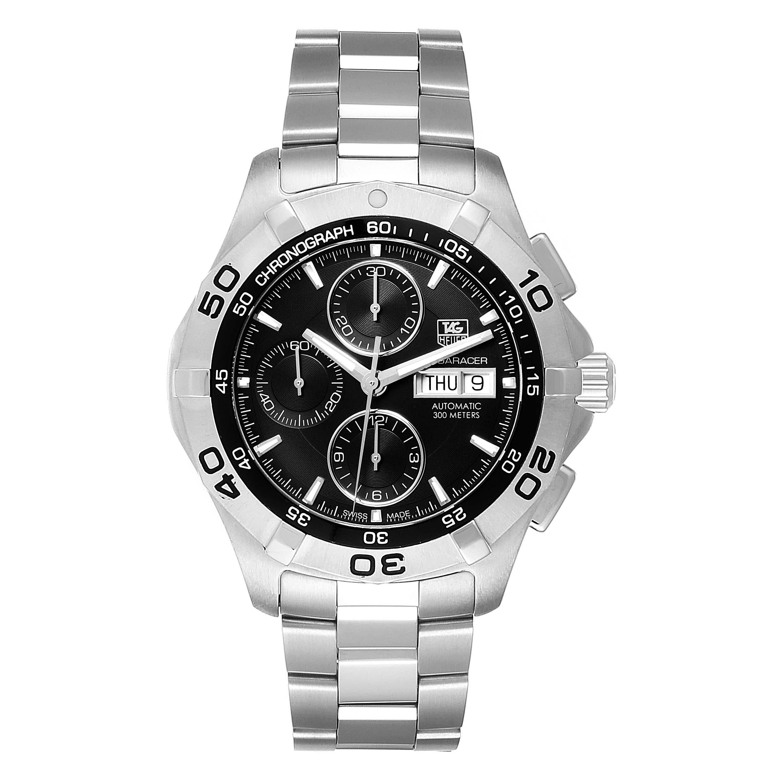 Tag Heuer Aquaracer Black Dial Chronograph Mens Watch CAF2010. Automatic self-winding movement. Chronograph function. Brushed and polished stainless steel case 43.0 mm in diameter. Stainless stell unidirectional rotating bezel. Scratch resistant