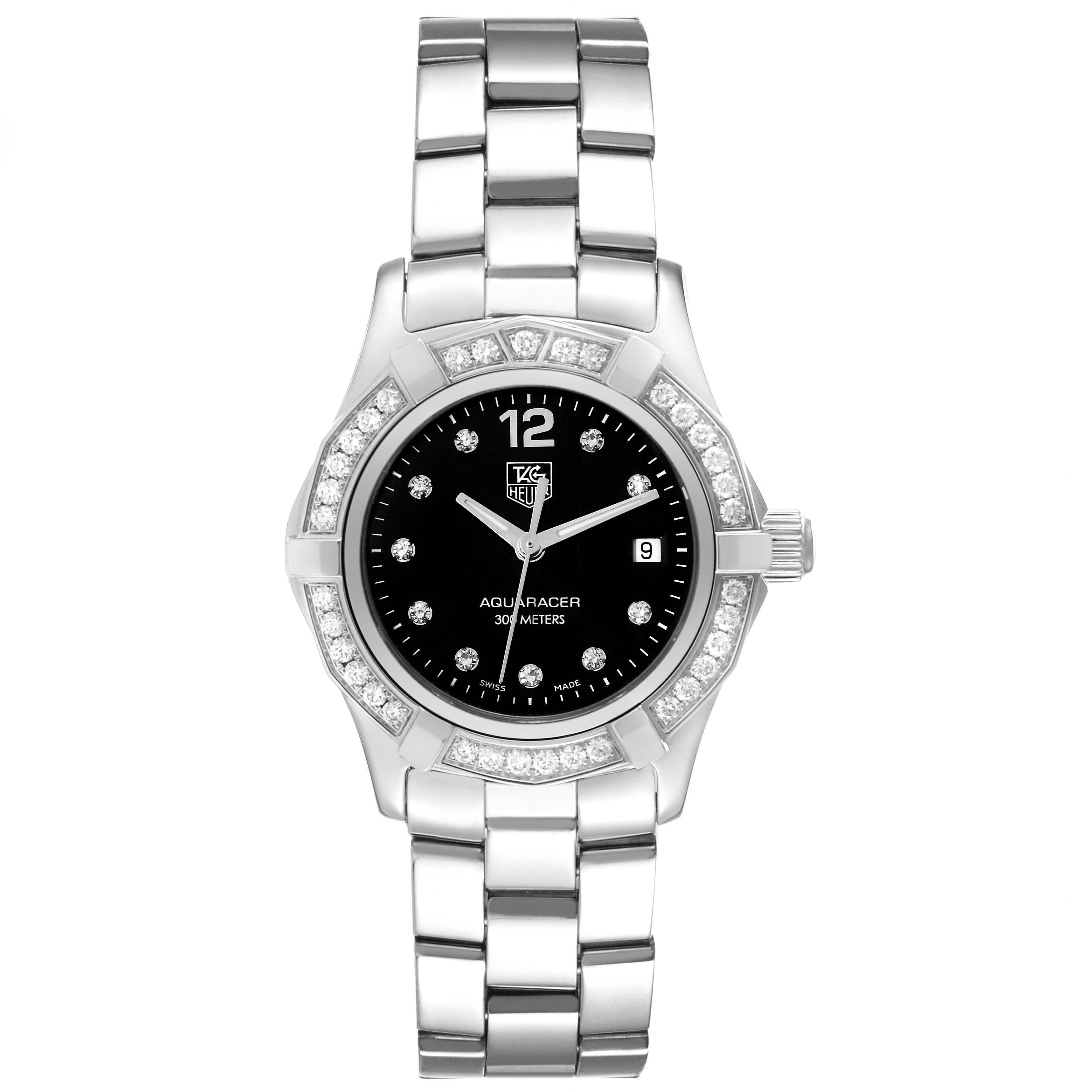 TAG Heuer Aquaracer Black Dial Diamond Steel Ladies Watch WAF141D Box Card. Quartz movement. Stainless steel case 27.0 mm in diameter. Case thickness: 14.3 mm. Stainless steel unidirectional rotating original Tag Heuer factory diamond bezel. Scratch