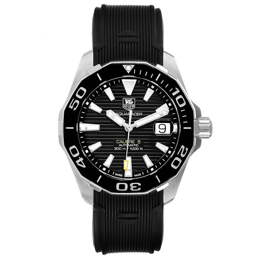Tag Heuer Aquaracer Black Dial Rubber Strap Steel Mens Watch WAY211A Card. Automatic self-winding movement. Stainless steel case 41.0 mm in diameter. Black unidirectional rotating bezel. Scratch resistant sapphire crystal. Black dial with luminous
