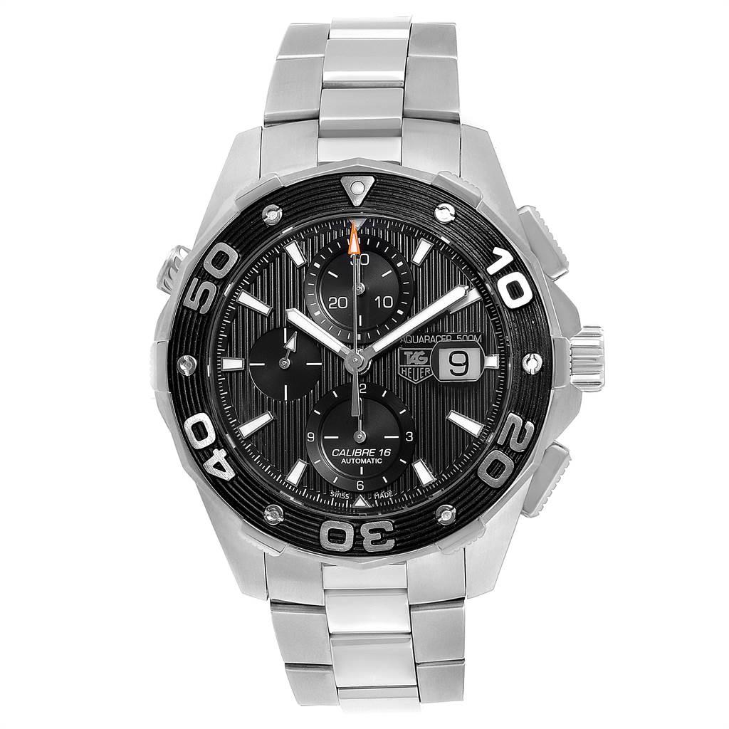 Tag Heuer Aquaracer Black Dial Steel Mens Watch CAJ2110 Card. Automatic self-winding movement. Stainless steel case 44.0 mm in diameter. Case Thickness: 16.25mm. Oversize screw-in crown with double gaskets. Unidirectional rotating bezel. Scratch