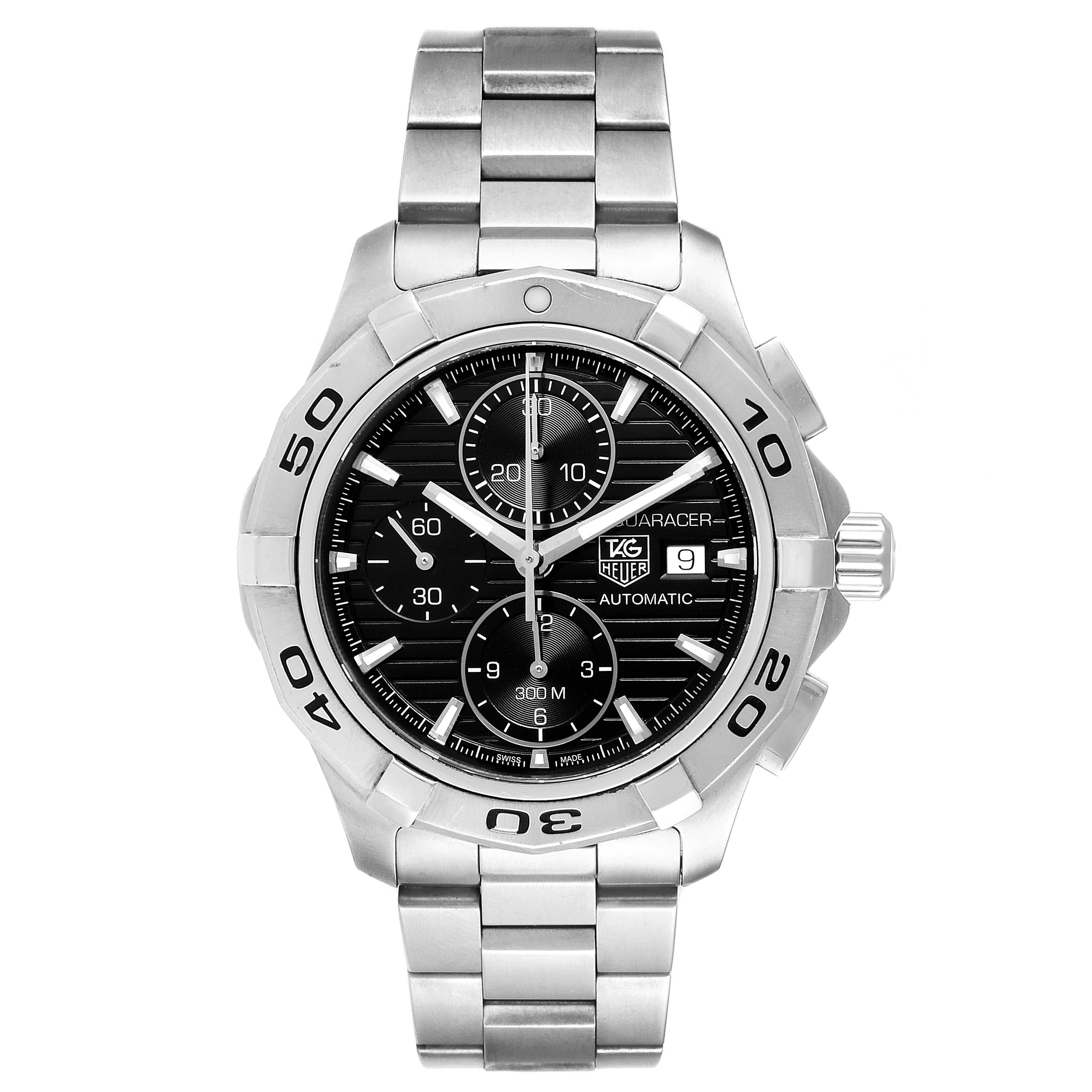 Tag Heuer Aquaracer Black Dial Steel Mens Watch CAP2110 Box Card. Automatic self-winding chronograph movement. Stainless steel case 44.0 mm in diameter. Case Thickness: 16.25mm. Oversize screw-in crown with double gaskets. Stainless Steel
