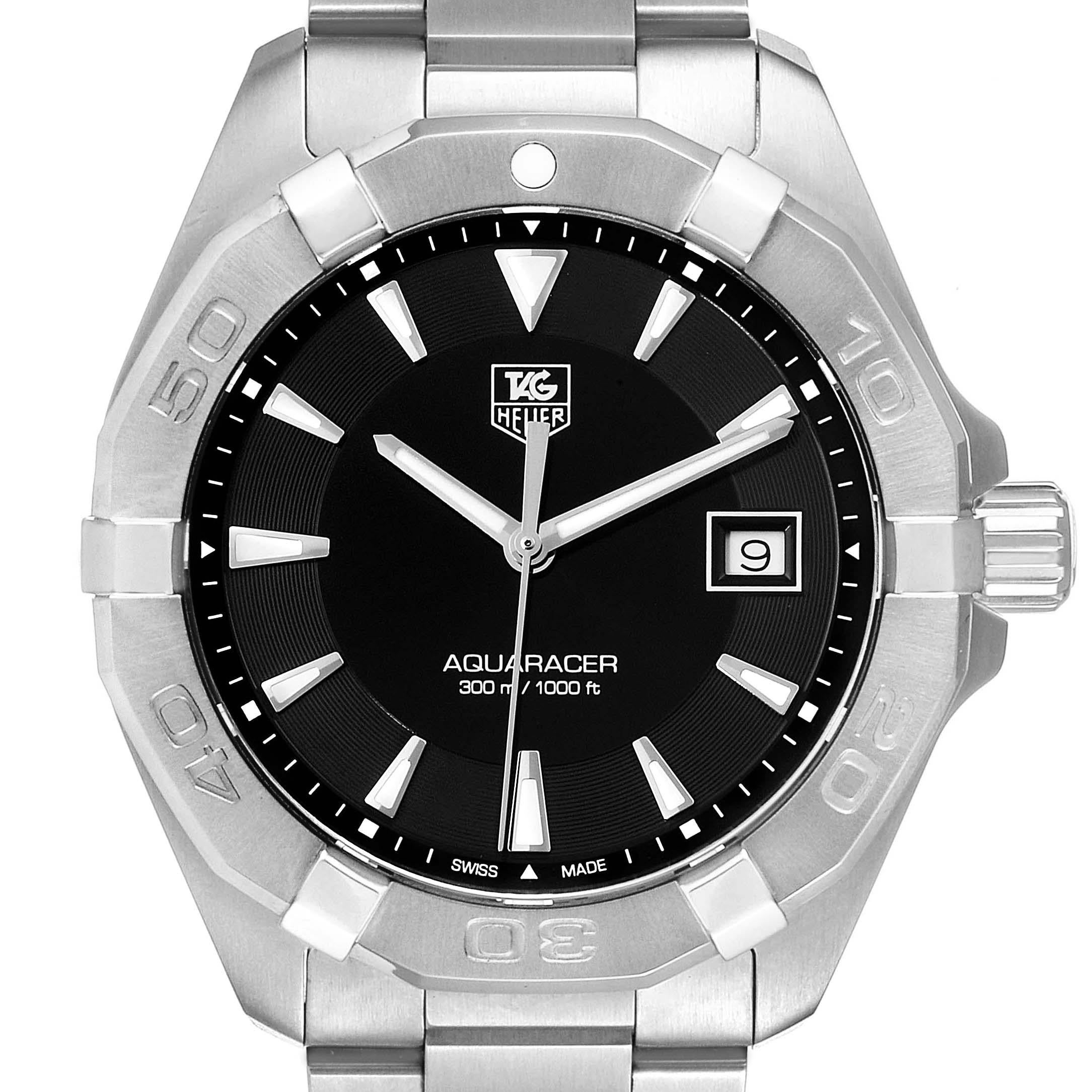 Tag Heuer Aquaracer Black Dial Steel Mens Watch WAY1110. Quartz movement. Stainless steel case 40.5 mm in diameter. Stainless steel unidirectional rotating bezel. Scratch resistant sapphire crystal. Black dial with luminous hands and index hour