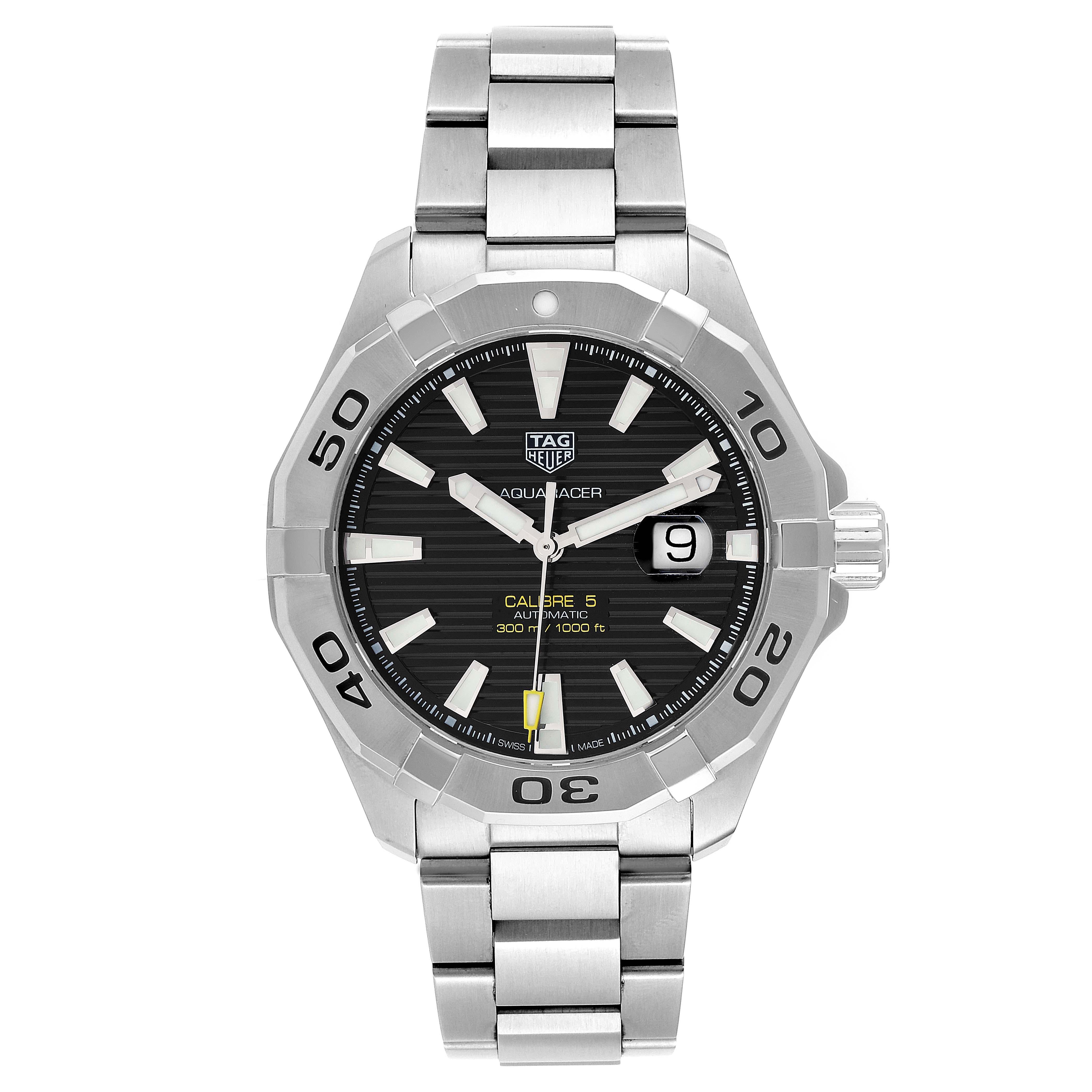 Tag Heuer Aquaracer Black Dial Steel Mens Watch WAY2010 Box Card. Automatic self-winding movement. Stainless steel case 43.0 mm in diameter. Stainless steel unidirectional rotating bezel. Scratch resistant sapphire crystal. Black dial with luminous