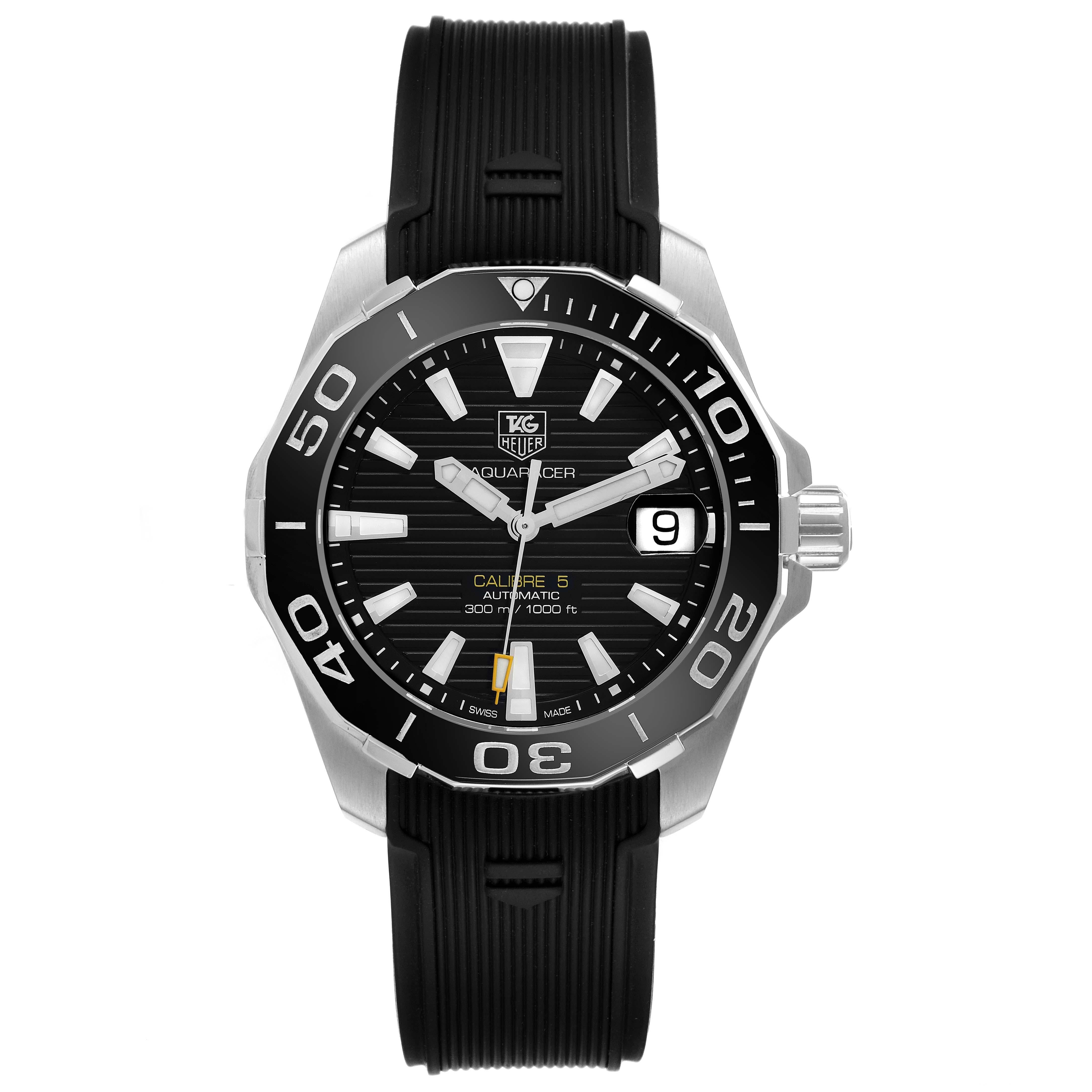 Tag Heuer Aquaracer Black Dial Steel Mens Watch WAY211A Box Card. Automatic self-winding movement. Stainless steel case 41.0 mm in diameter. Black unidirectional rotating bezel. Scratch resistant sapphire crystal with cyclops magnifier. Black dial