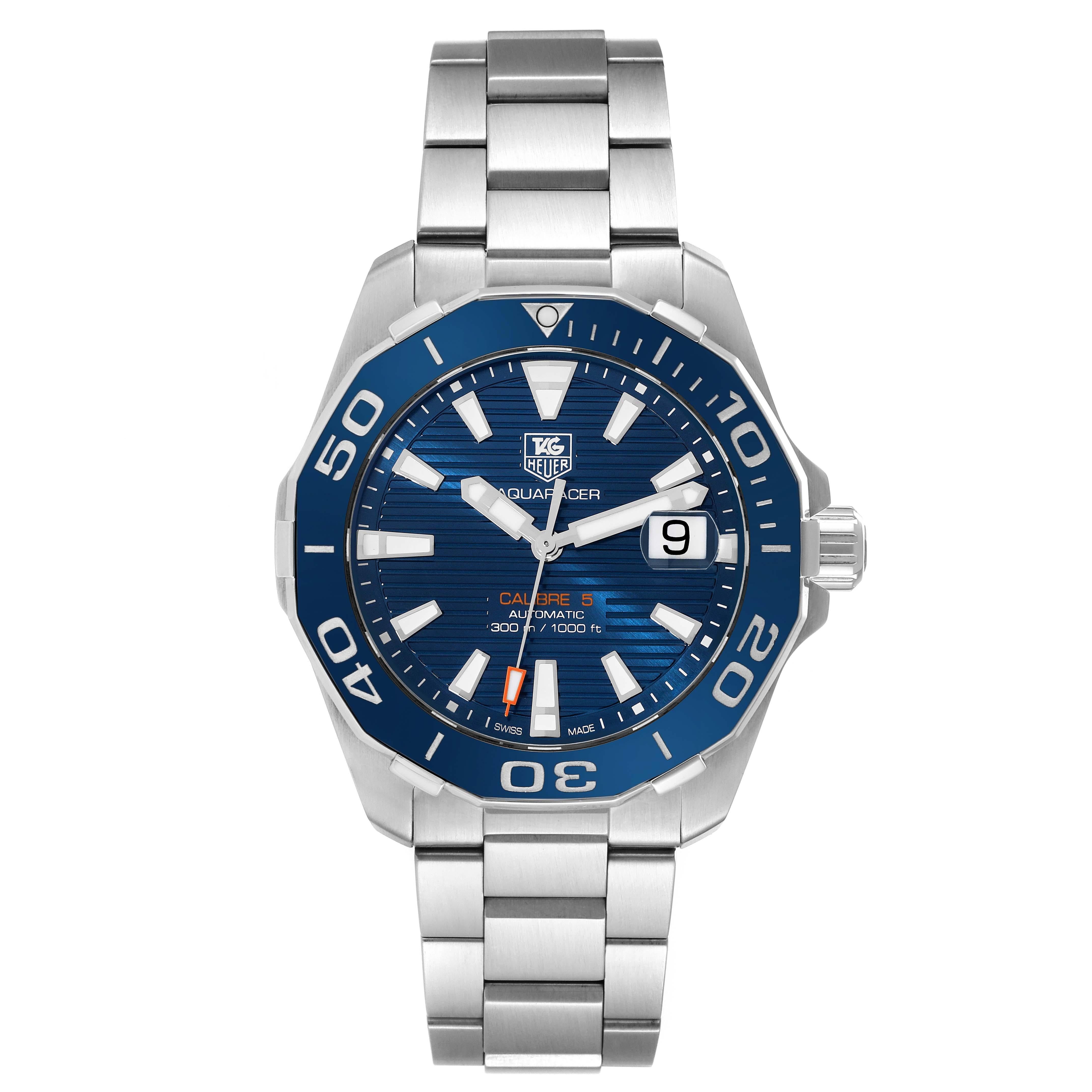 Tag Heuer Aquaracer Blue Dial Automatic Steel Mens Watch WAY211C Box Card. Automatic self-winding movement. Stainless steel case 41.0 mm in diameter. Blue unidirectional rotating bezel. Scratch resistant sapphire crystal. Blue dial with luminous