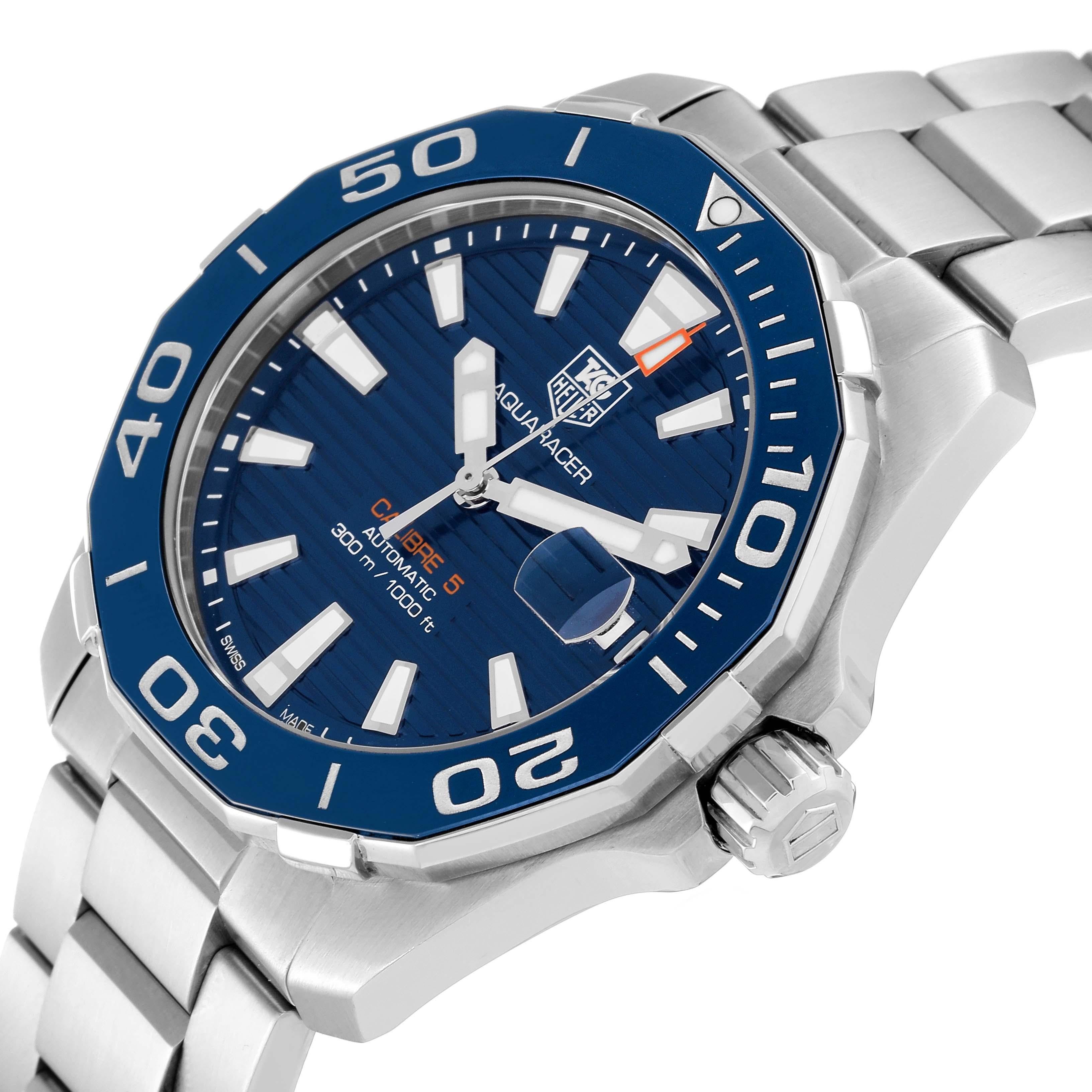 Tag Heuer Aquaracer Blue Dial Automatic Steel Mens Watch WAY211C Box Card In Excellent Condition In Atlanta, GA