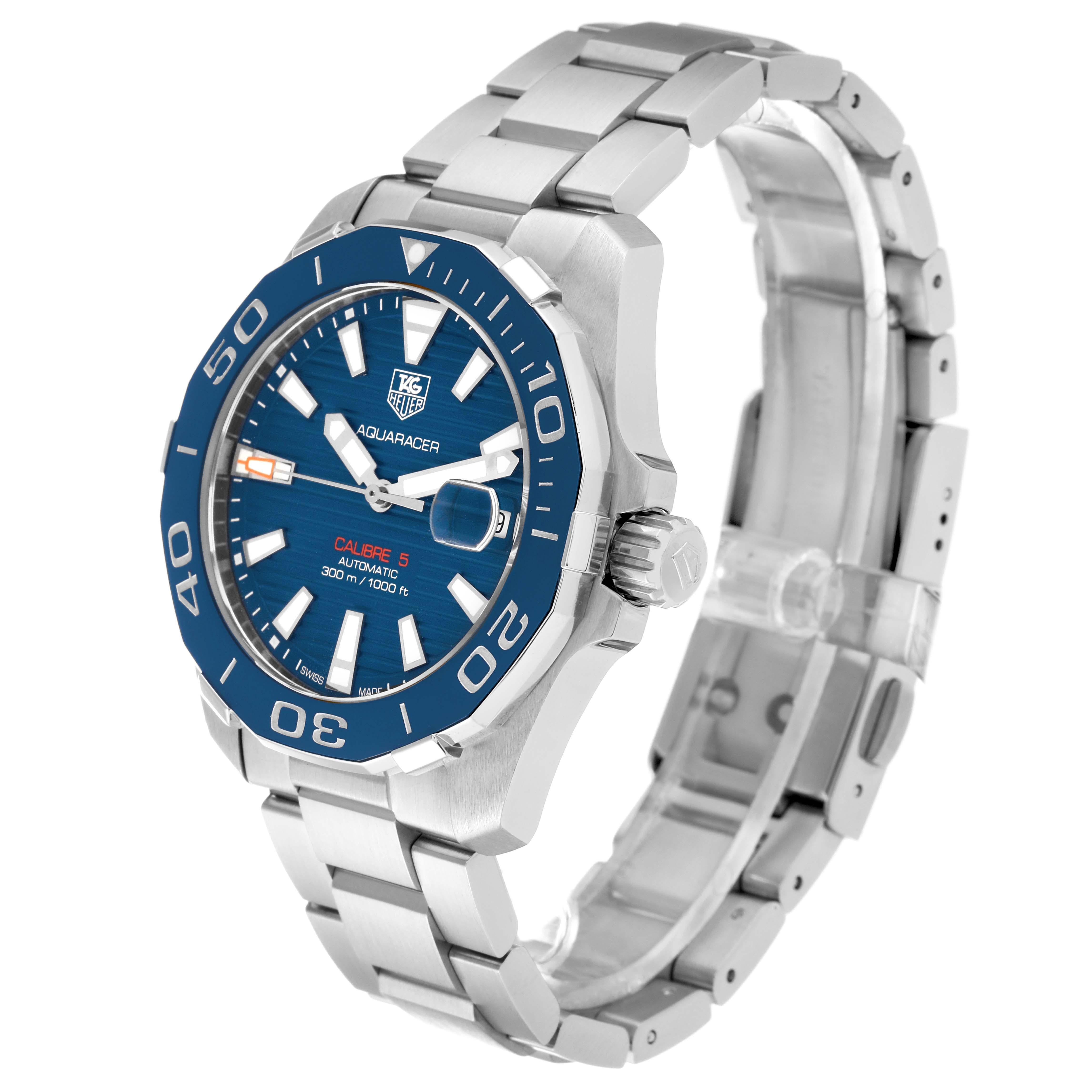 Tag Heuer Aquaracer Blue Dial Automatic Steel Mens Watch WAY211C. Automatic self-winding movement. Stainless steel case 41.0 mm in diameter. Blue unidirectional rotating bezel. Scratch resistant sapphire crystal. Blue dial with luminous hands and