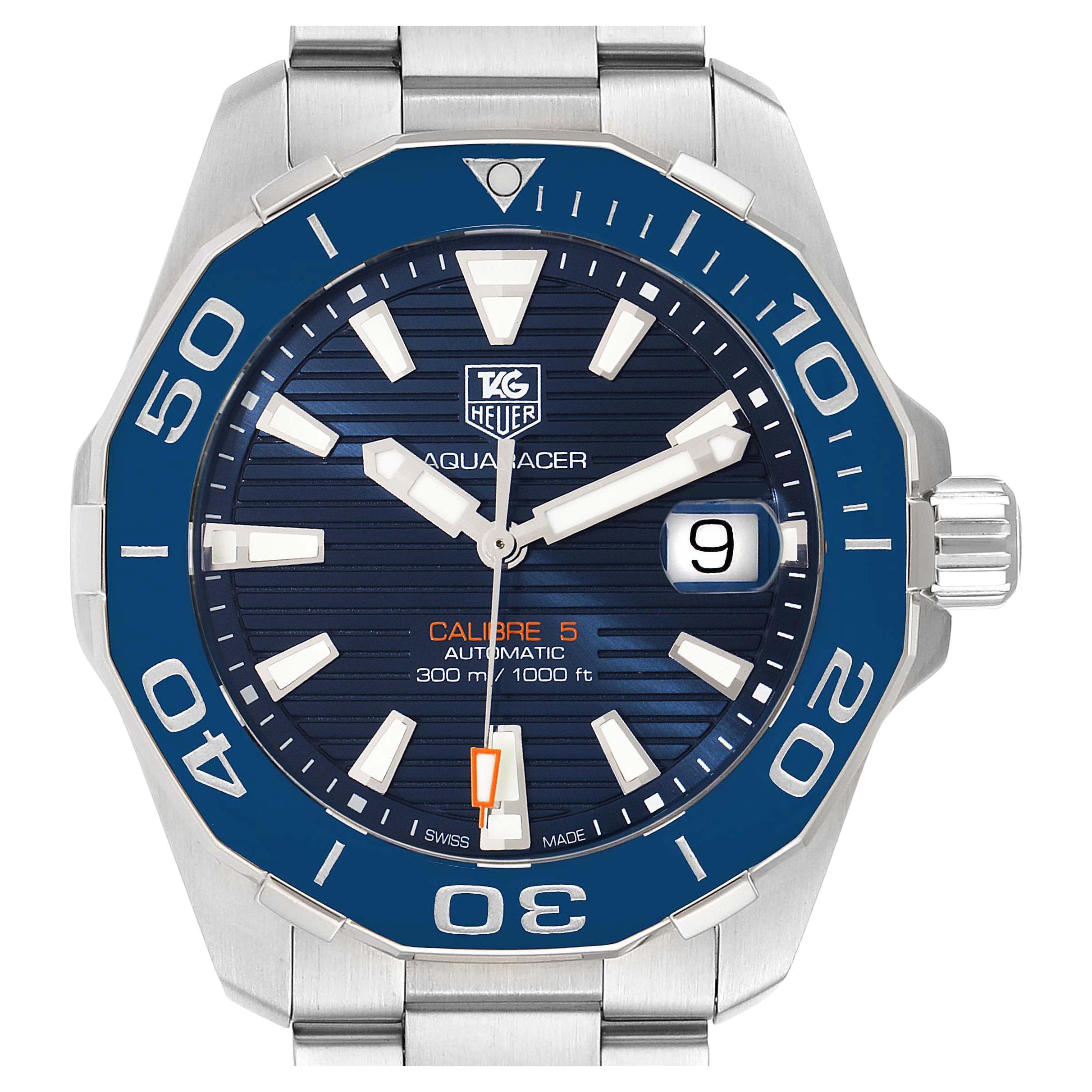 Tag Heuer Aquaracer Blue Dial Automatic Steel Mens Watch WAY211C Box Card  For Sale at 1stDibs