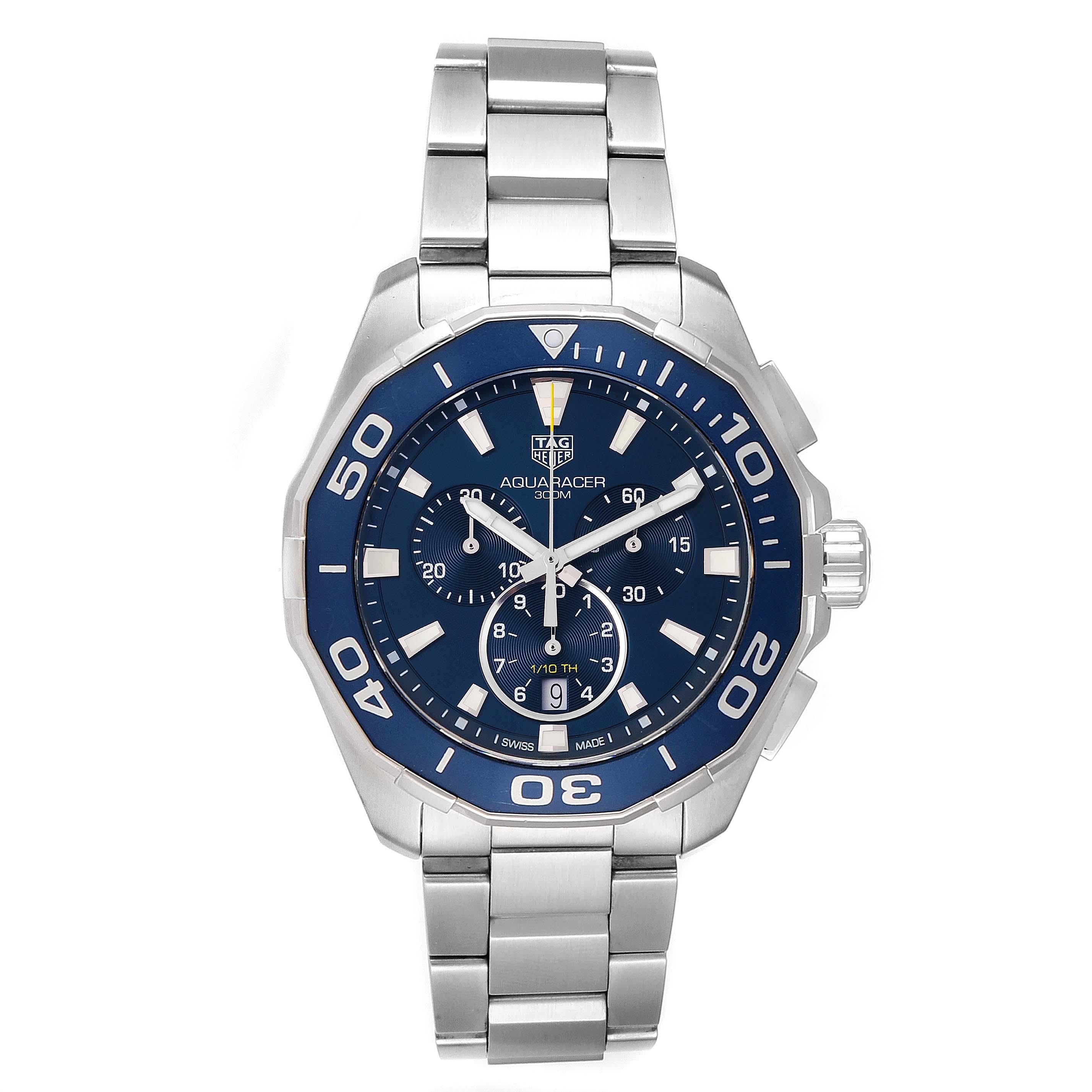 Tag Heuer Aquaracer Blue Dial Chronograph Mens Watch CAY111B Box Card. Quartz movement. Stainless steel case 43.0 mm in diameter. Case Thickness: 15 mm. Blue ion-plared unidirectional rotating bezel. Scratch resistant sapphire crystal. Blue dial