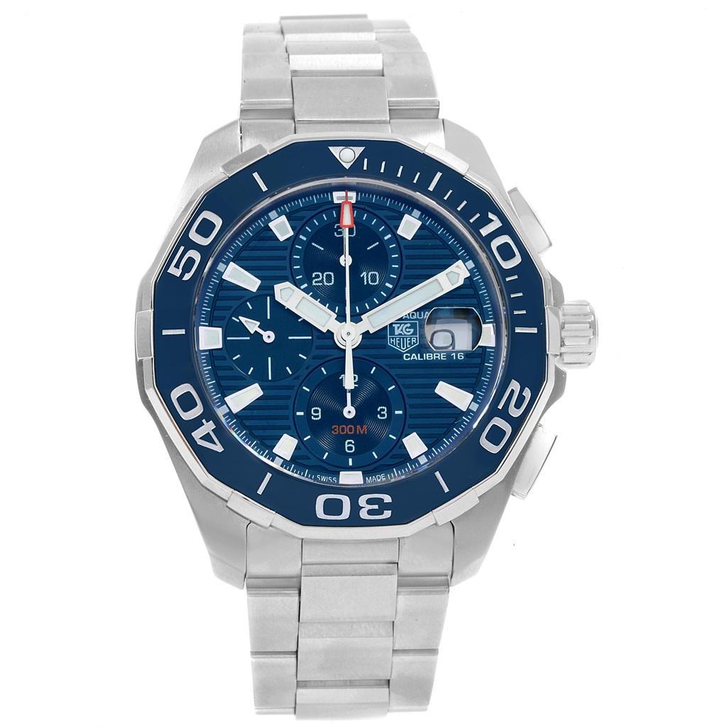 Tag Heuer Aquaracer Blue Dial Chronograph Steel Mens Watch CAY211B. Quartz movement. Stainless steel case 43 mm in diameter. Case Thickness: 15 mm. Uni-directional rotating stainless steel bezel with a blue ceramic top ring. Scratch resistant
