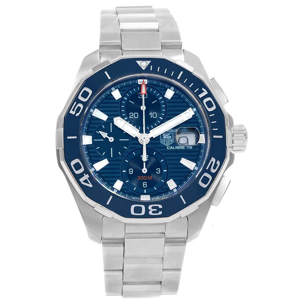 Tag Heuer Aquaracer Blue Dial Chronograph Steel Mens Watch CAY211B. Quartz movement. Stainless steel case 43 mm in diameter. Case Thickness: 15 mm. Uni-directional rotating stainless steel bezel with a blue ceramic top ring. Scratch resistant