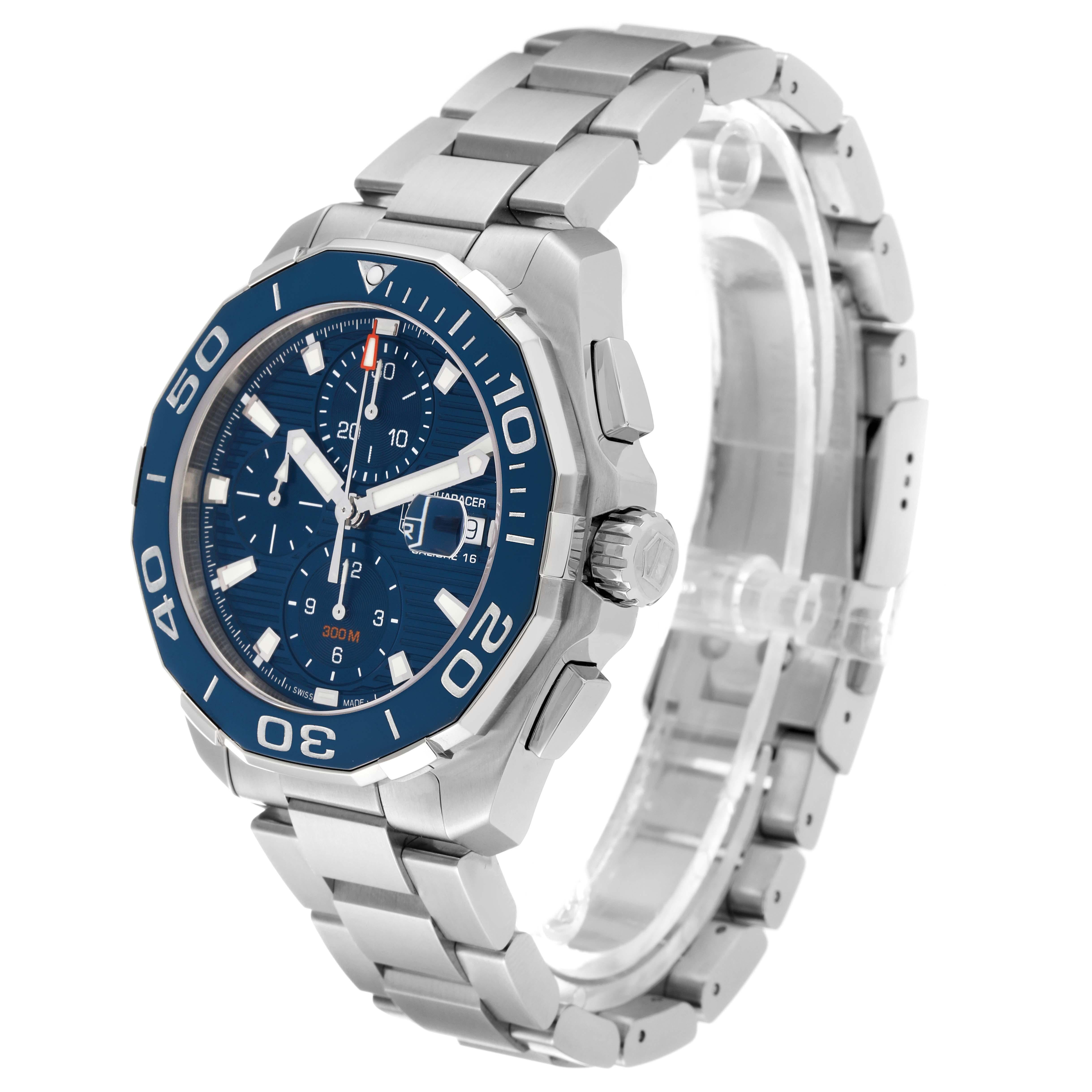 Tag Heuer Aquaracer Blue Dial Steel Chronograph Mens Watch CAY211B Box Card For Sale 6