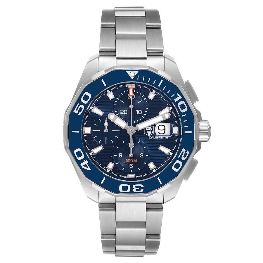 Tag Heuer Aquaracer Blue Dial Steel Chronograph Mens Watch CAY211B Box Card. Automatic self-winding movement. Stainless steel case 43 mm in diameter. Case Thickness: 15 mm. Uni-directional rotating stainless steel bezel with a blue ceramic top ring.