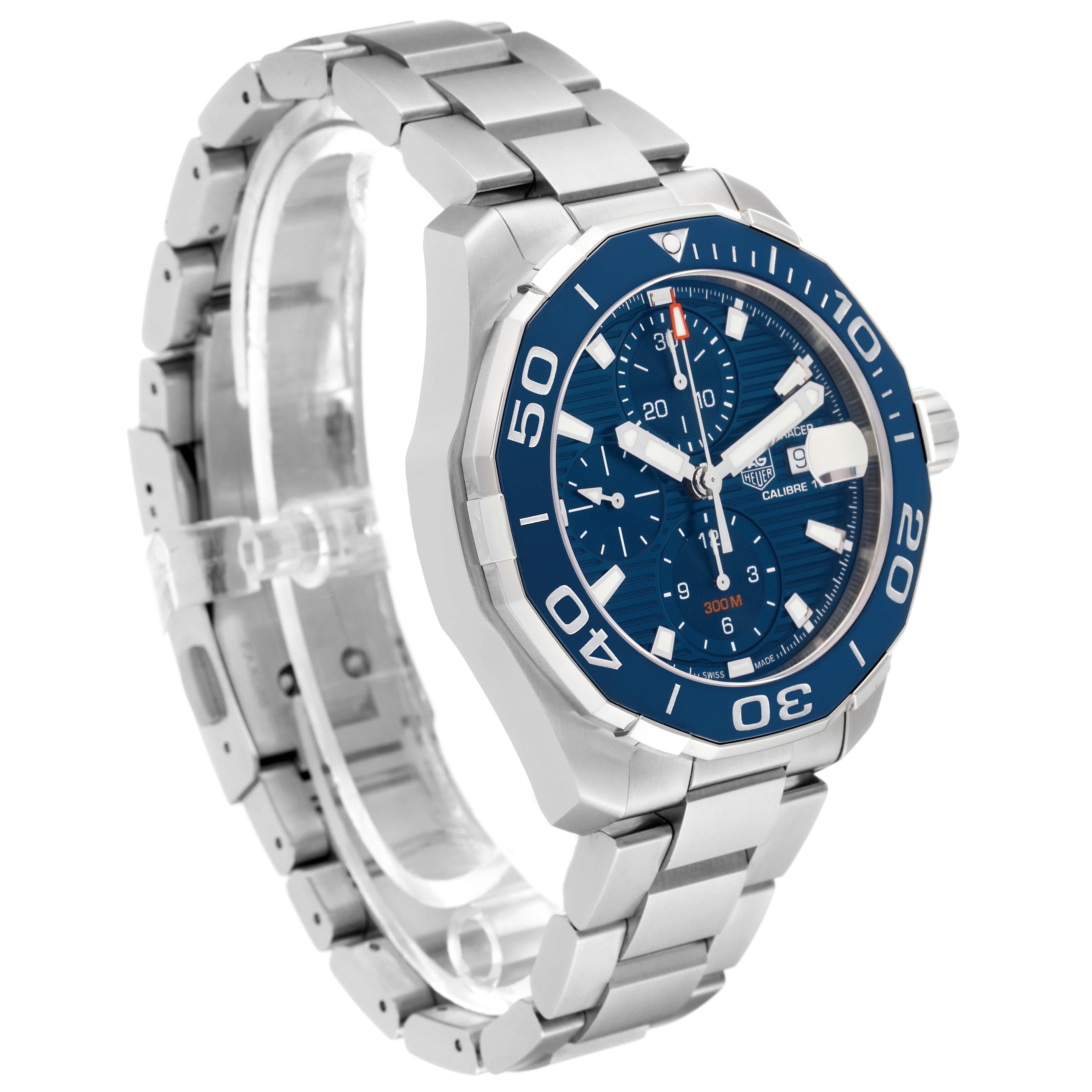 Tag Heuer Aquaracer Blue Dial Steel Chronograph Mens Watch CAY211B Box Card. Automatic self-winding movement. Stainless steel case 43 mm in diameter. Case Thickness: 15 mm. Uni-directional rotating stainless steel bezel with a blue ceramic top ring.