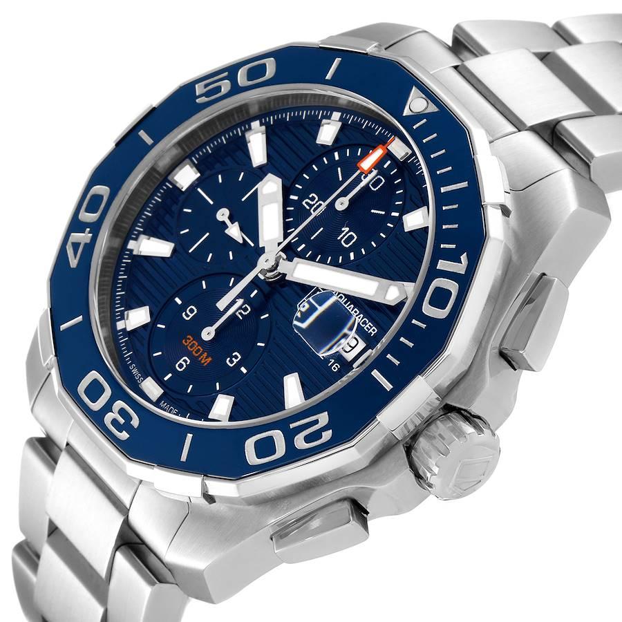 Tag Heuer Aquaracer Blue Dial Steel Chronograph Mens Watch CAY211B Box Card For Sale 1