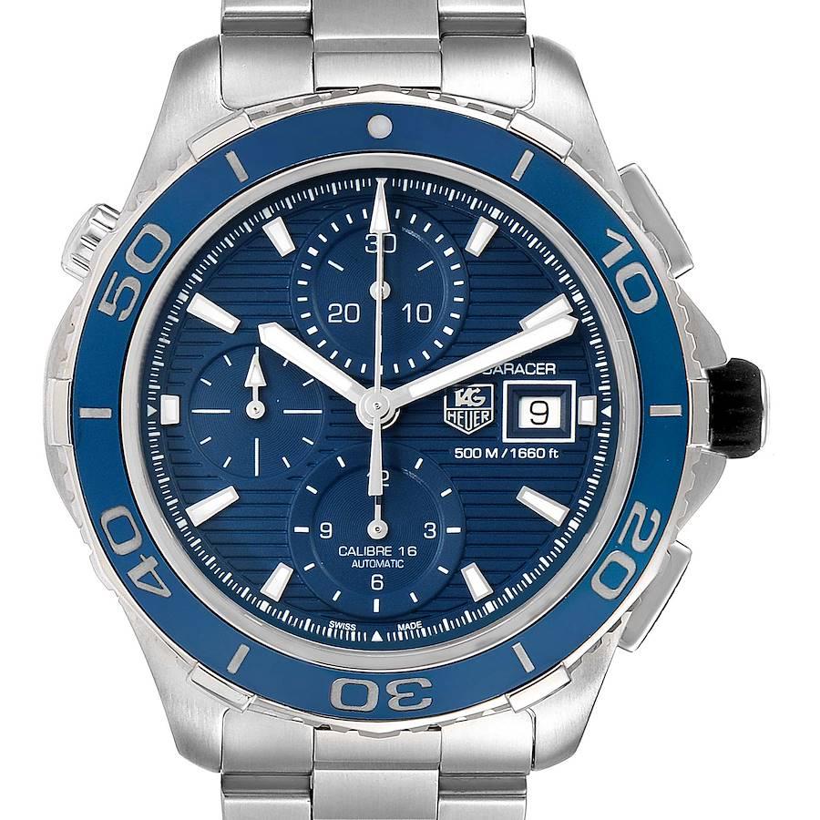Tag Heuer Aquaracer Blue Dial Steel Mens Watch CAK2112. Automatic self-winding chronograph movement. Stainless steel case 43.0 mm in diameter. Case Thickness: 16 mm. Unidirectional rotating bezel with a blue ceramic fill and with engraved silver
