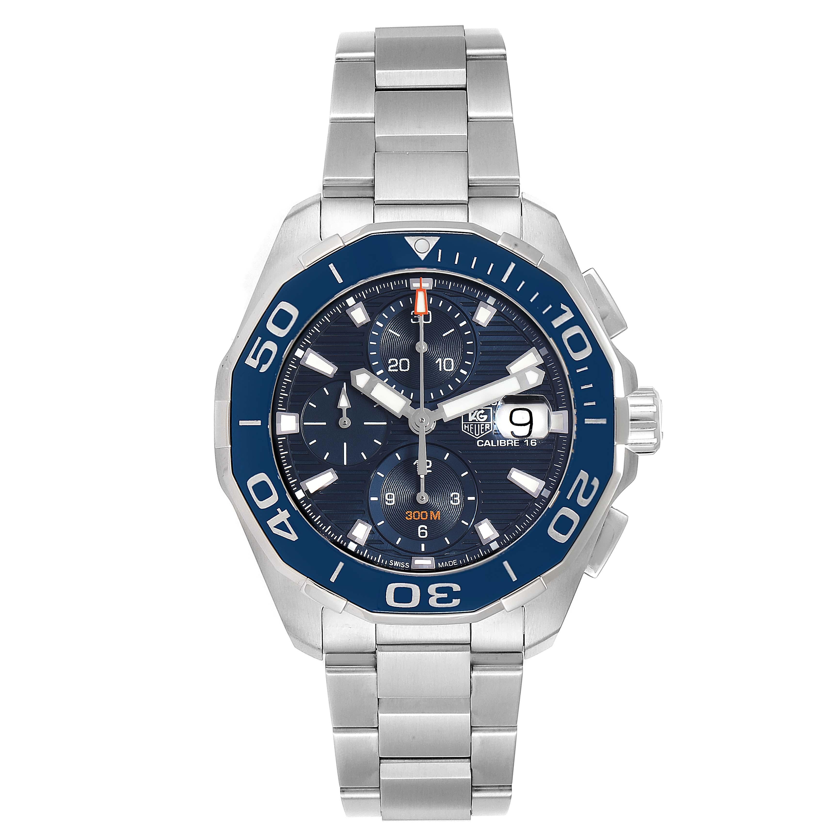 Tag Heuer Aquaracer Blue Dial Steel Mens Watch CAY211B Box Card. Automatic self-winding movement. Stainless steel case 43 mm in diameter. Case Thickness: 15 mm. Uni-directional rotating stainless steel bezel with a blue ceramic top ring. Scratch
