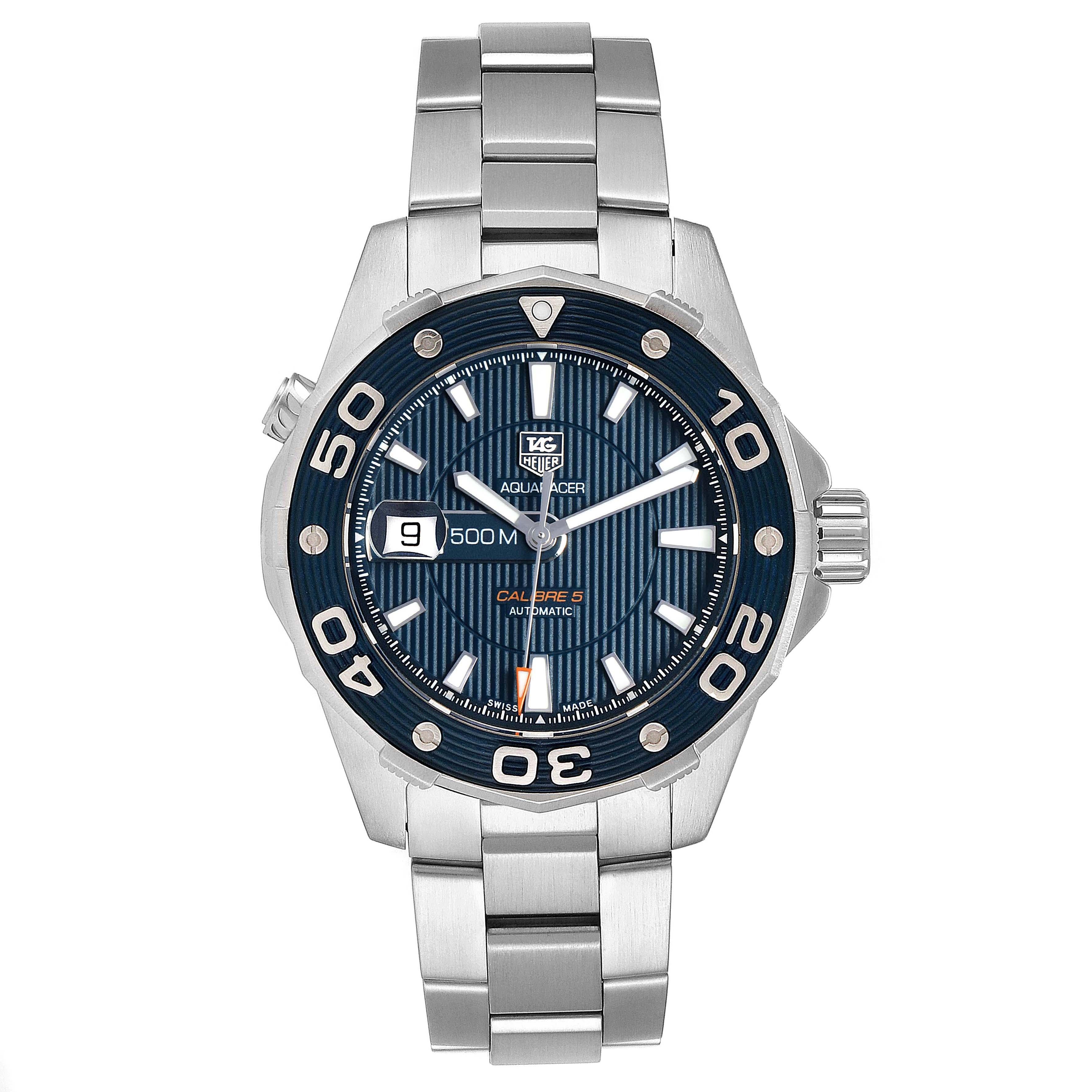 Tag Heuer Aquaracer Blue Dial Steel Mens Watch WAJ2112 Box Card. Automatic self-winding movement. Stainless steel case 43.0 mm in diameter. Exhibition case back. Blue unidirectional rotating bezel. Scratch resistant sapphire crystal. Blue dial with