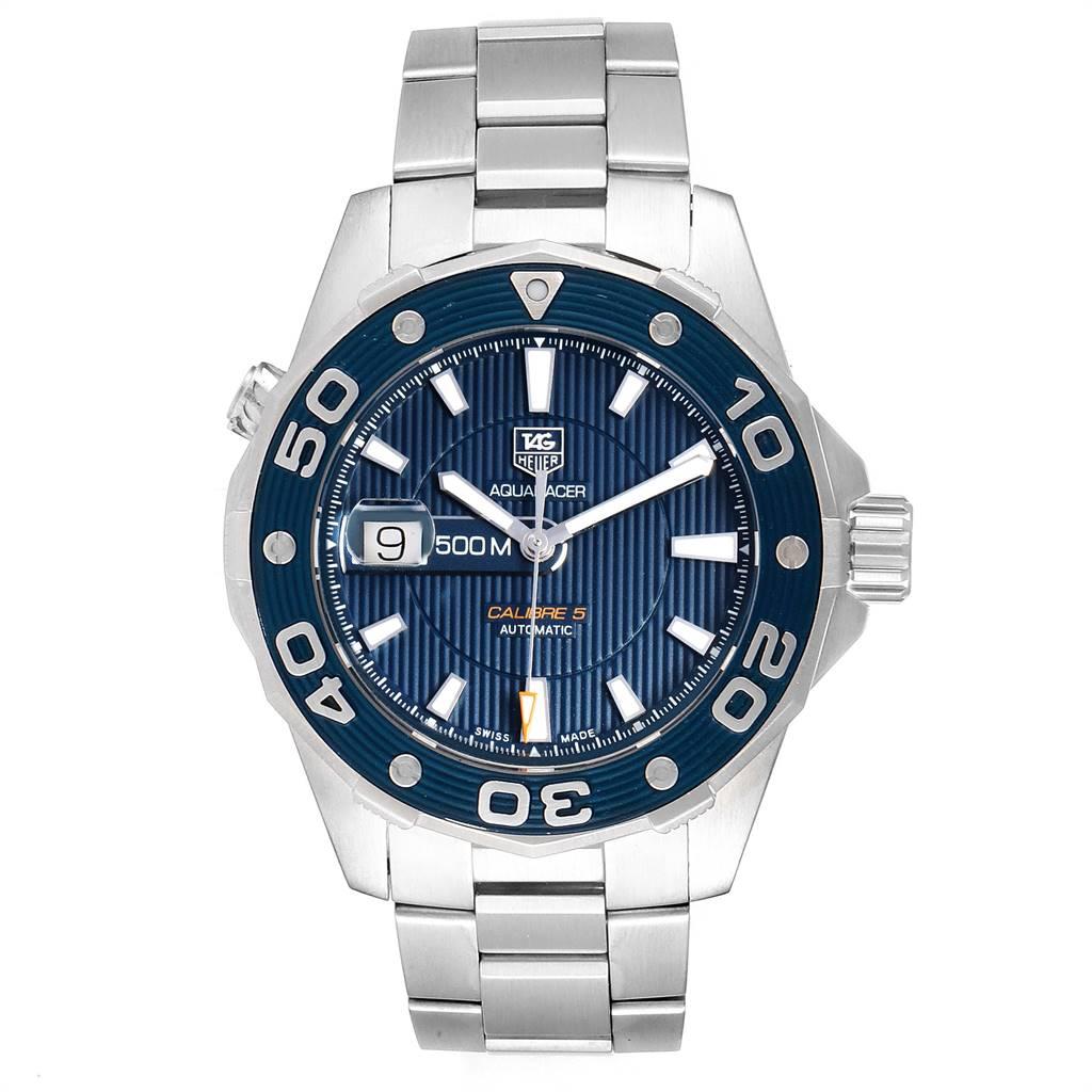 Tag Heuer Aquaracer Blue Dial Steel Mens Watch WAJ2112 Box. Automatic self-winding movement. Stainless steel case 43.0 mm in diameter. Exhibition case back. Blue unidirectional rotating bezel. Scratch resistant sapphire crystal. Blue dial with