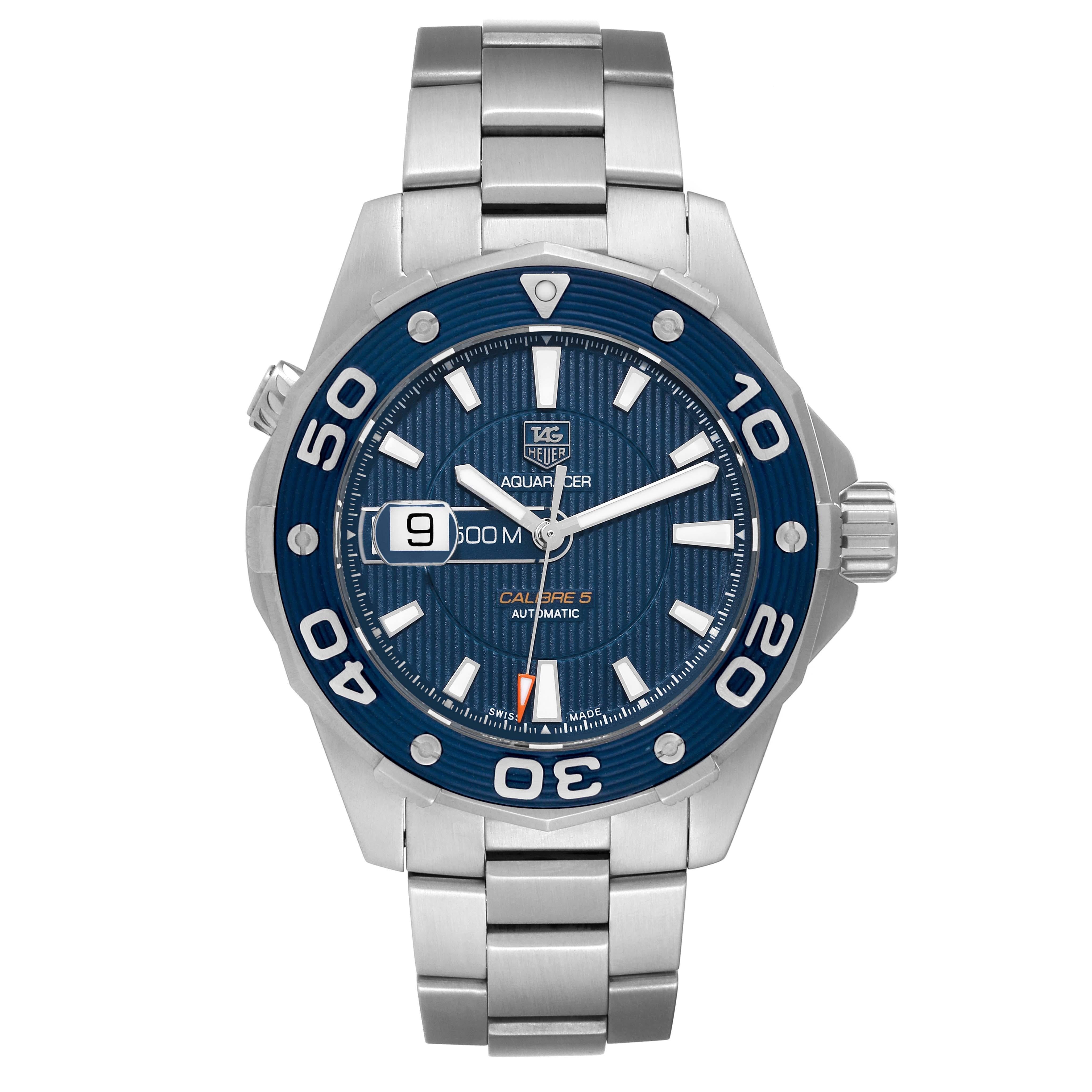 Tag Heuer Aquaracer Blue Dial Steel Mens Watch WAJ2112. Automatic self-winding movement. Stainless steel case 43.0 mm in diameter. Exhibition transparent sapphire crystal caseback. Blue unidirectional rotating bezel. Scratch resistant sapphire